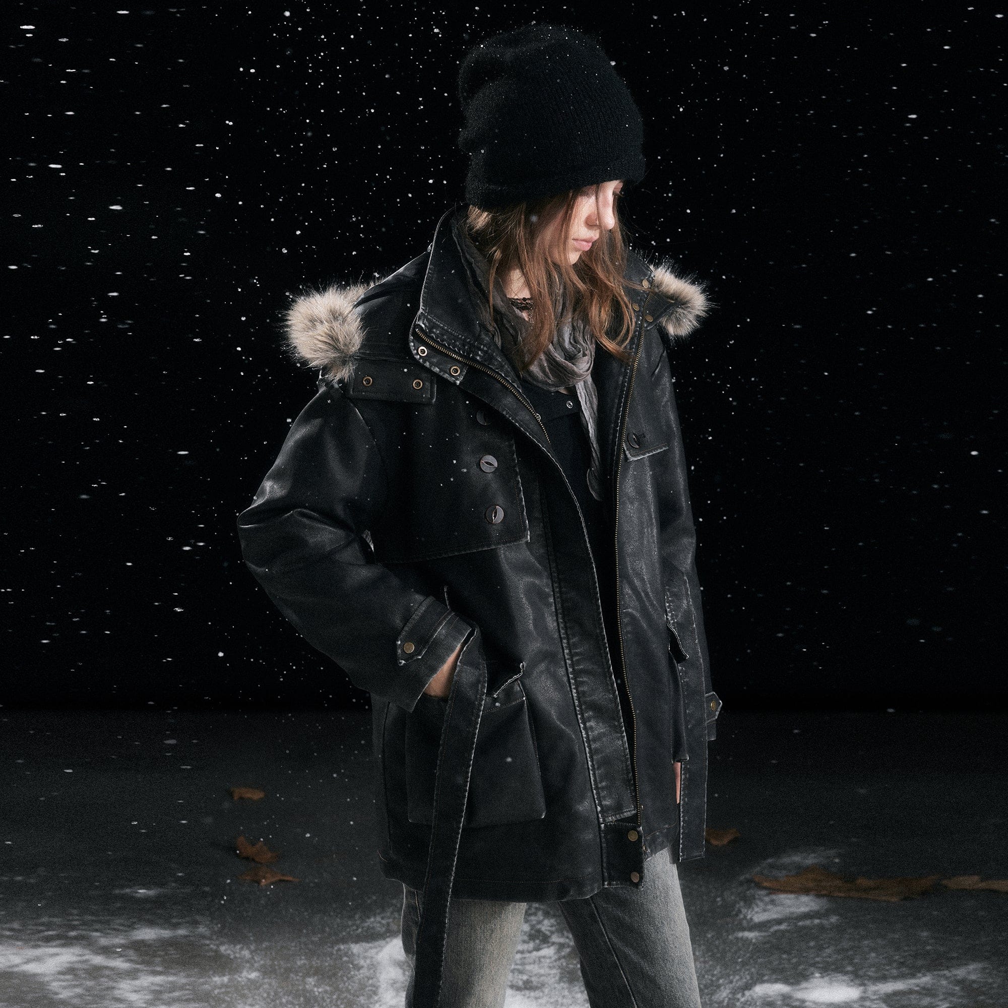 CESTNOUS Distressed Faux-Fur Hood PU Parka Jacket
