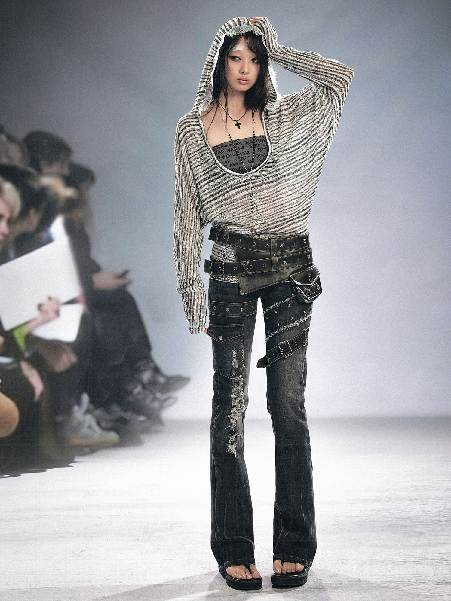 CESTNOUS Striped Sheer Hooded Long-Sleeve Tee