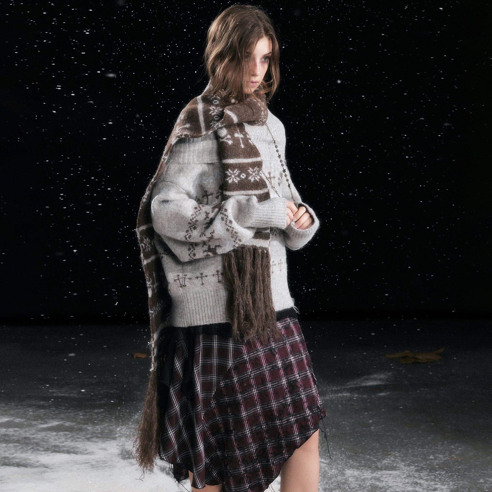 CESTNOUS Fair Isle Jacquard Fringe Scarf