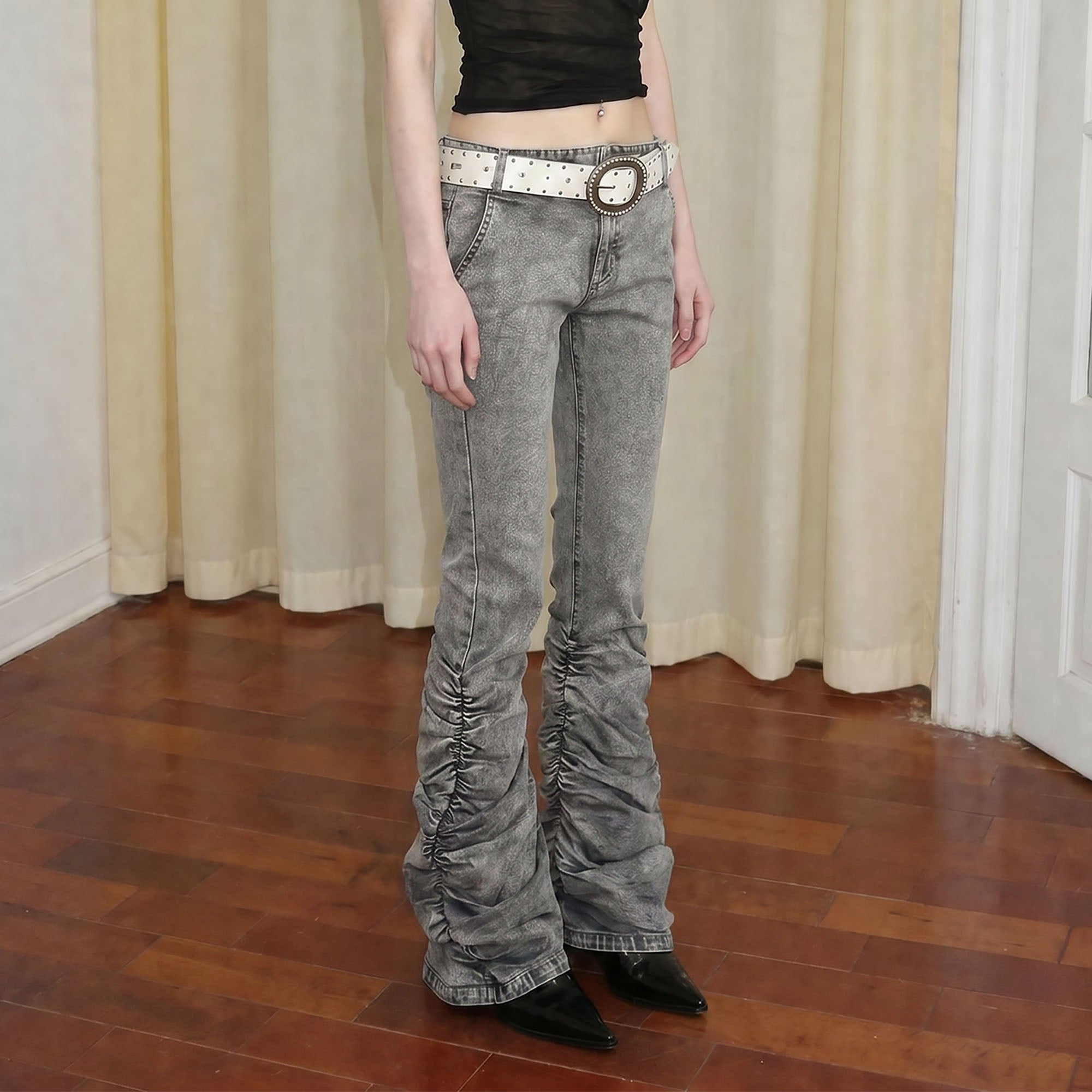 EMOHA Washed Ruched Flared Jeans