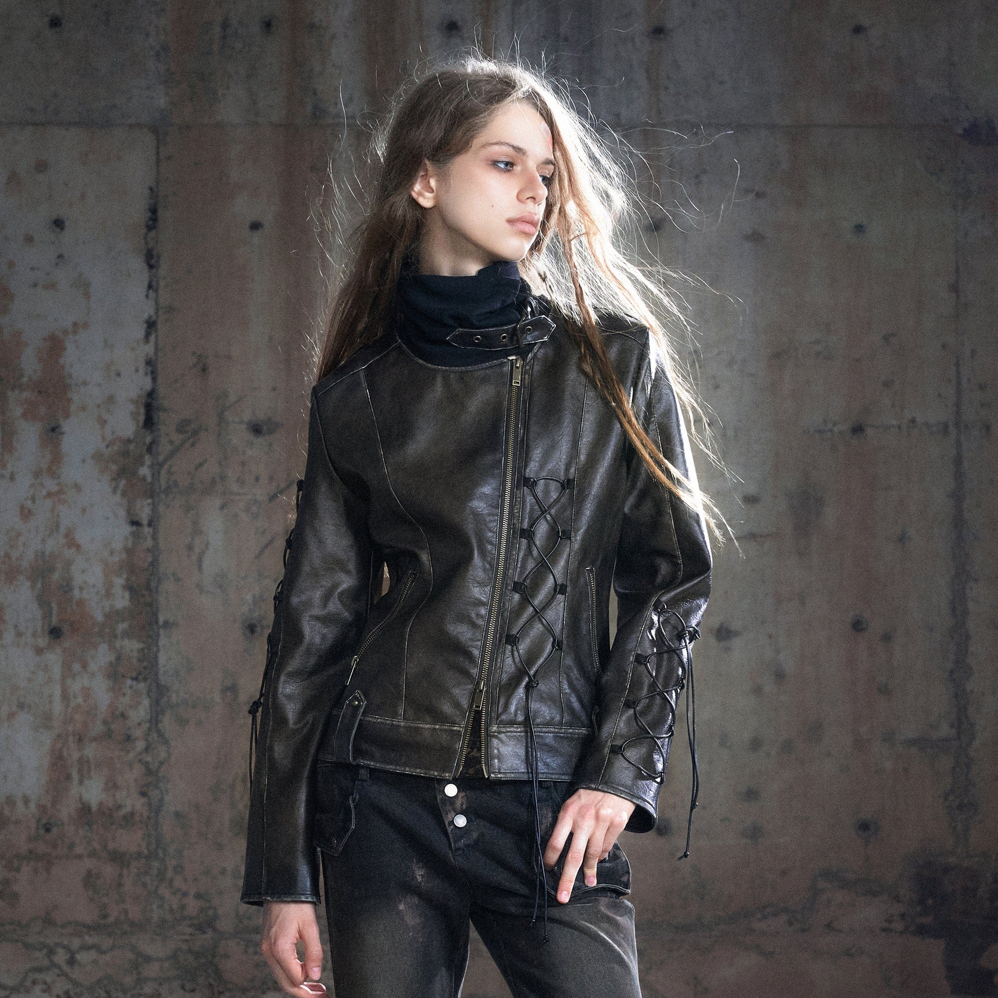 CESTNOUS Lace-Up Panel Knit Turtleneck PU Jacket