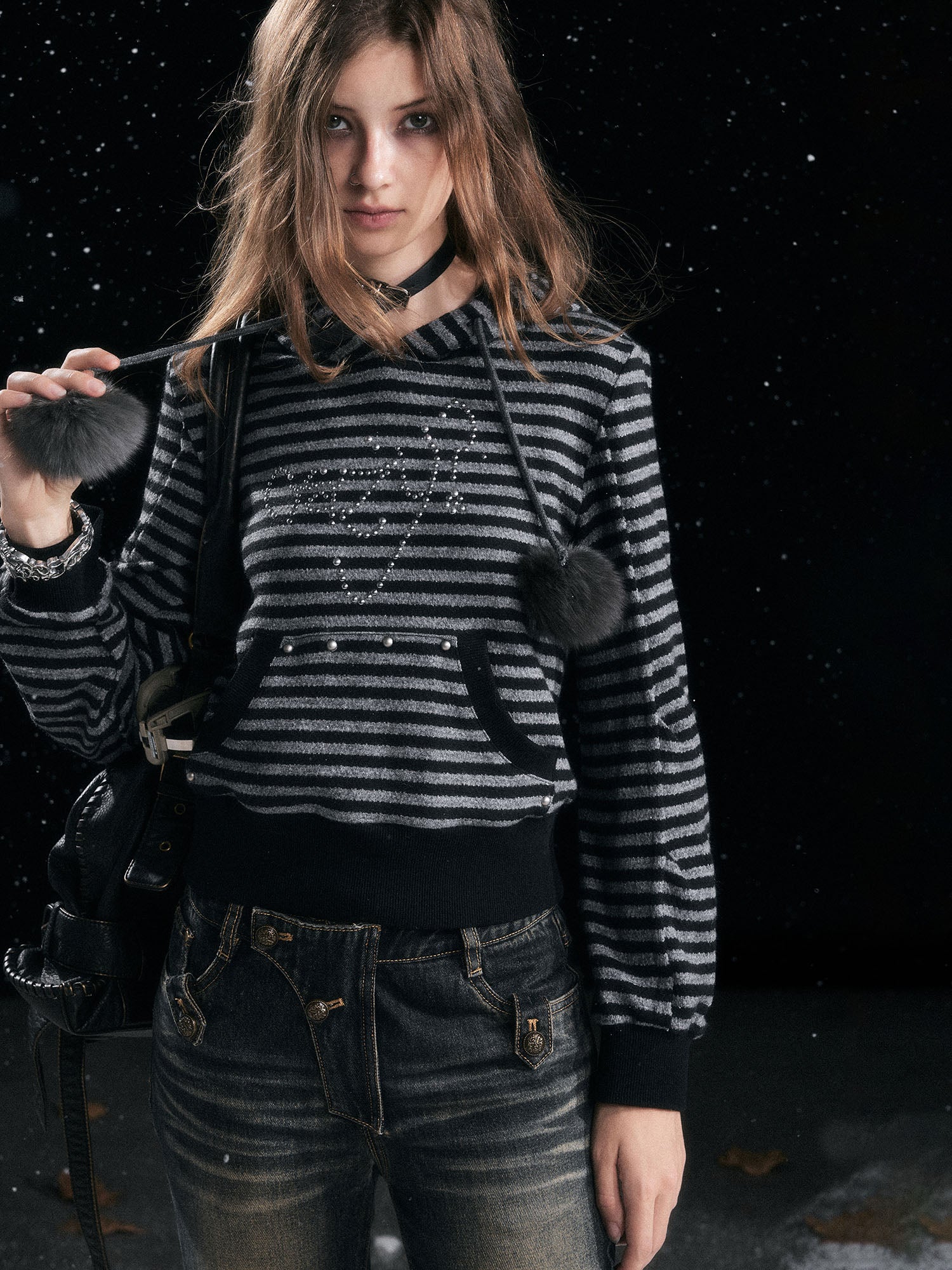 CESTNOUS Studded Striped Cat-Ear Hoodie