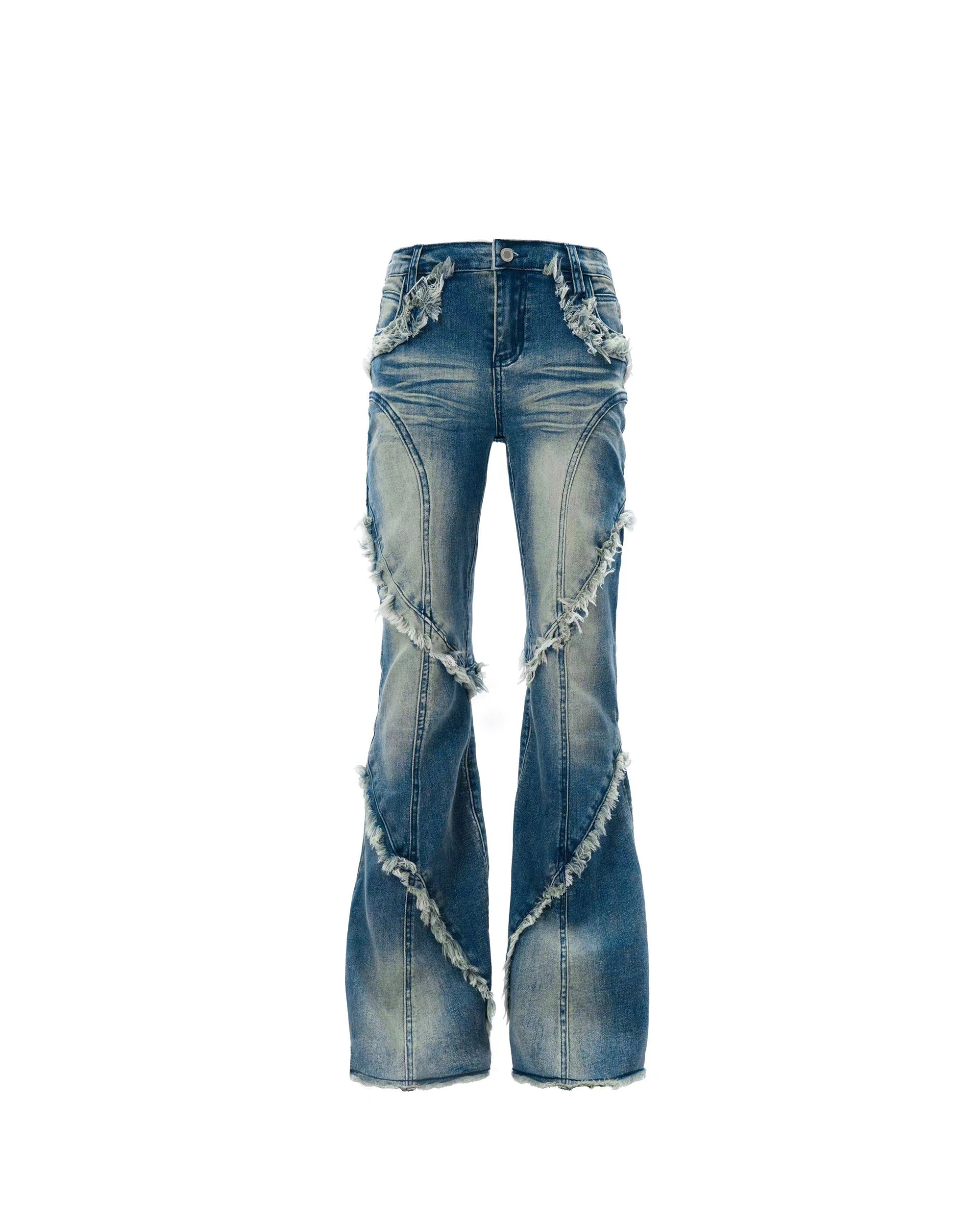 MOGONGSHE Frayed Diagonal-Spliced Flared Jeans
