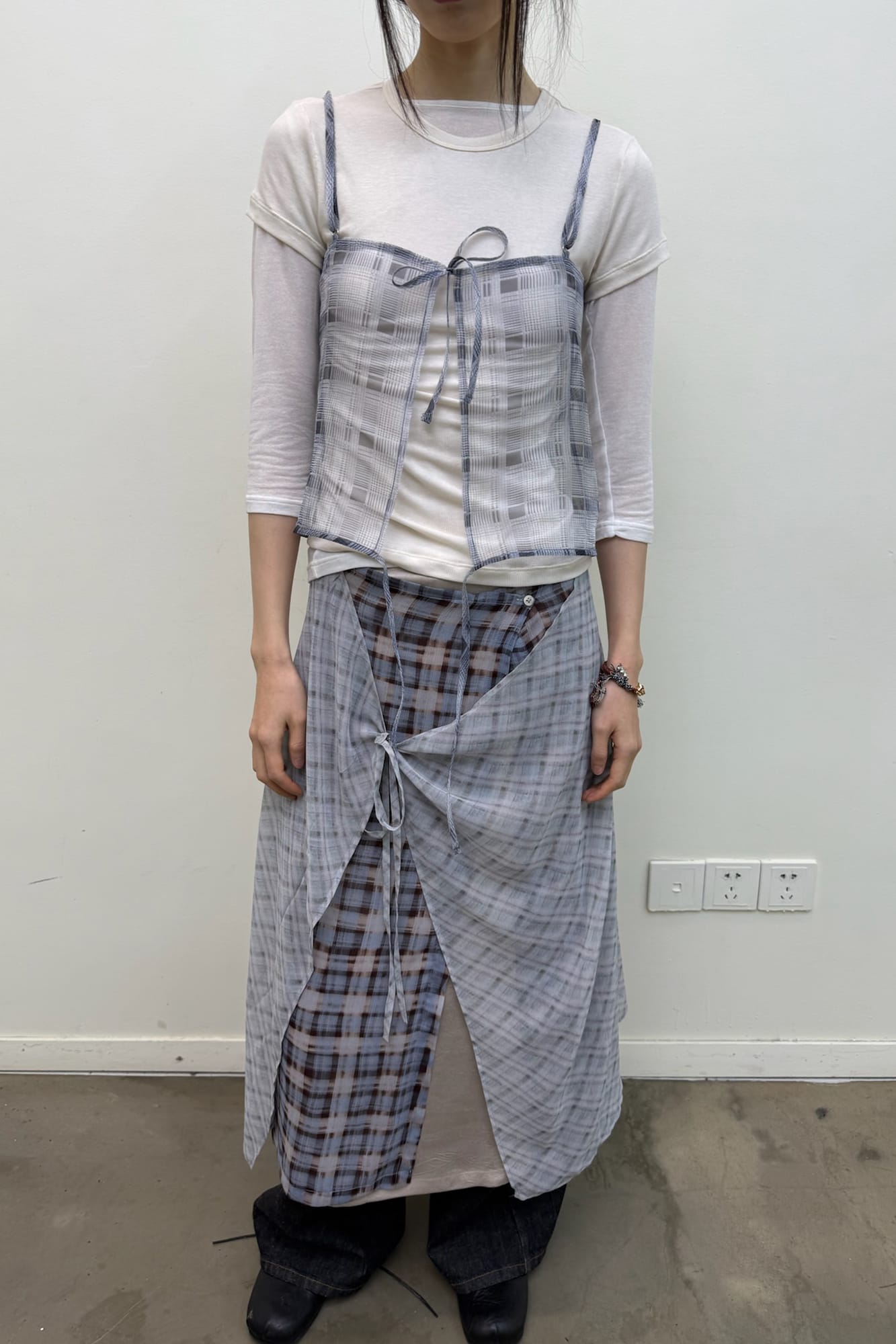NEVERSEEZ Layered Plaid Tied Wrap Skirt