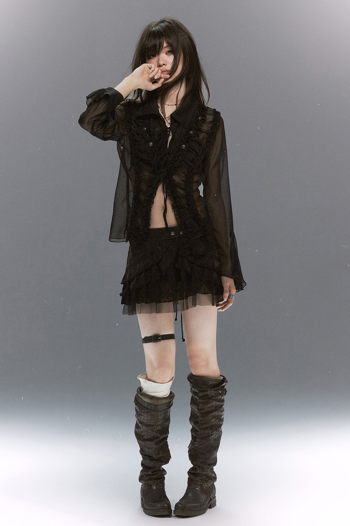 CESTNOUS Ruffle Lace-Panel Bell-Sleeve Shirt