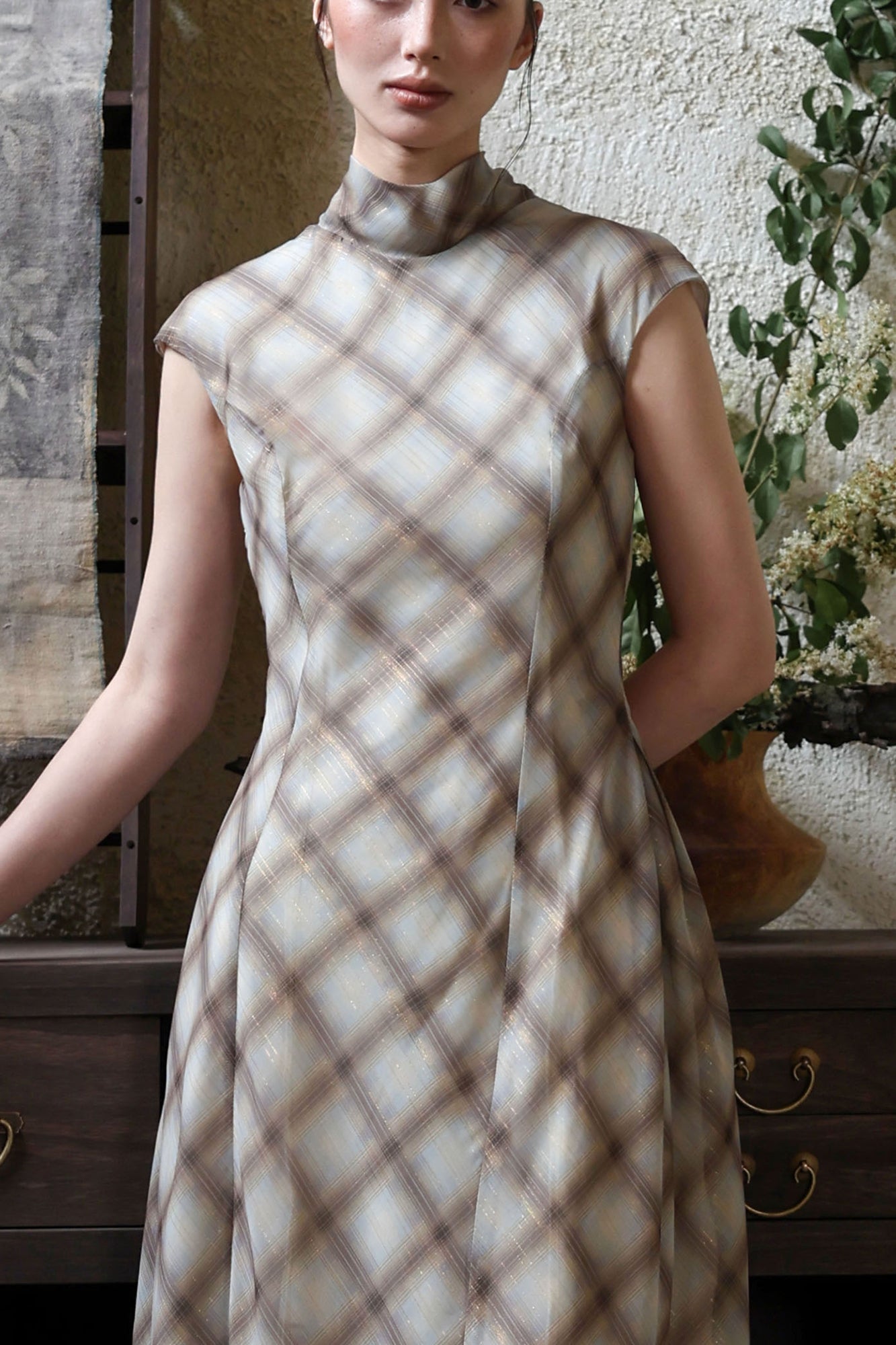 WUHEYIZUO Argyle Scarf-Neck Maxi Dress