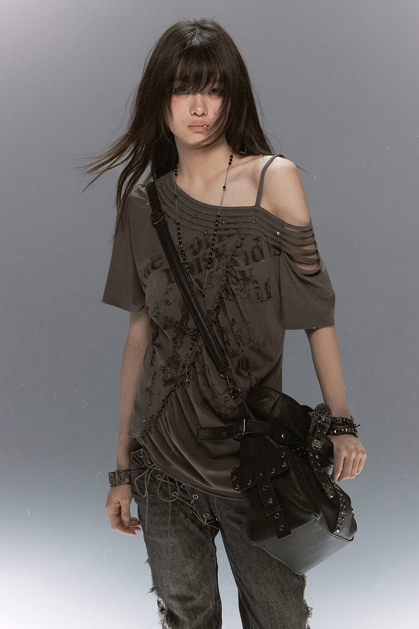 CESTNOUS Asymmetrical Studded Multi-Strap Graphic T-Shirt