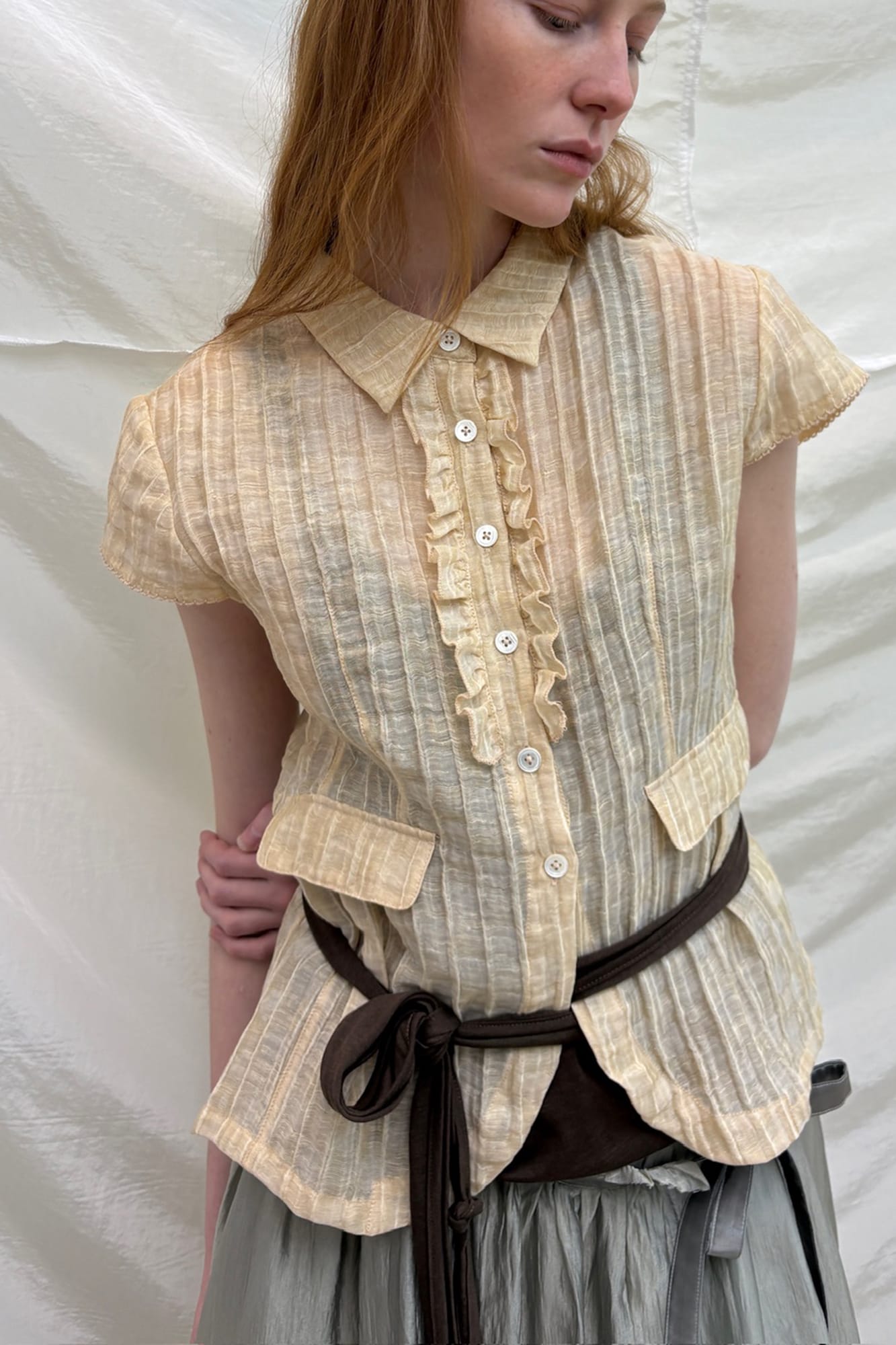 NEVERSEEZ Sheer Pleated-Stripe Ruffle-Placket Half Shirt