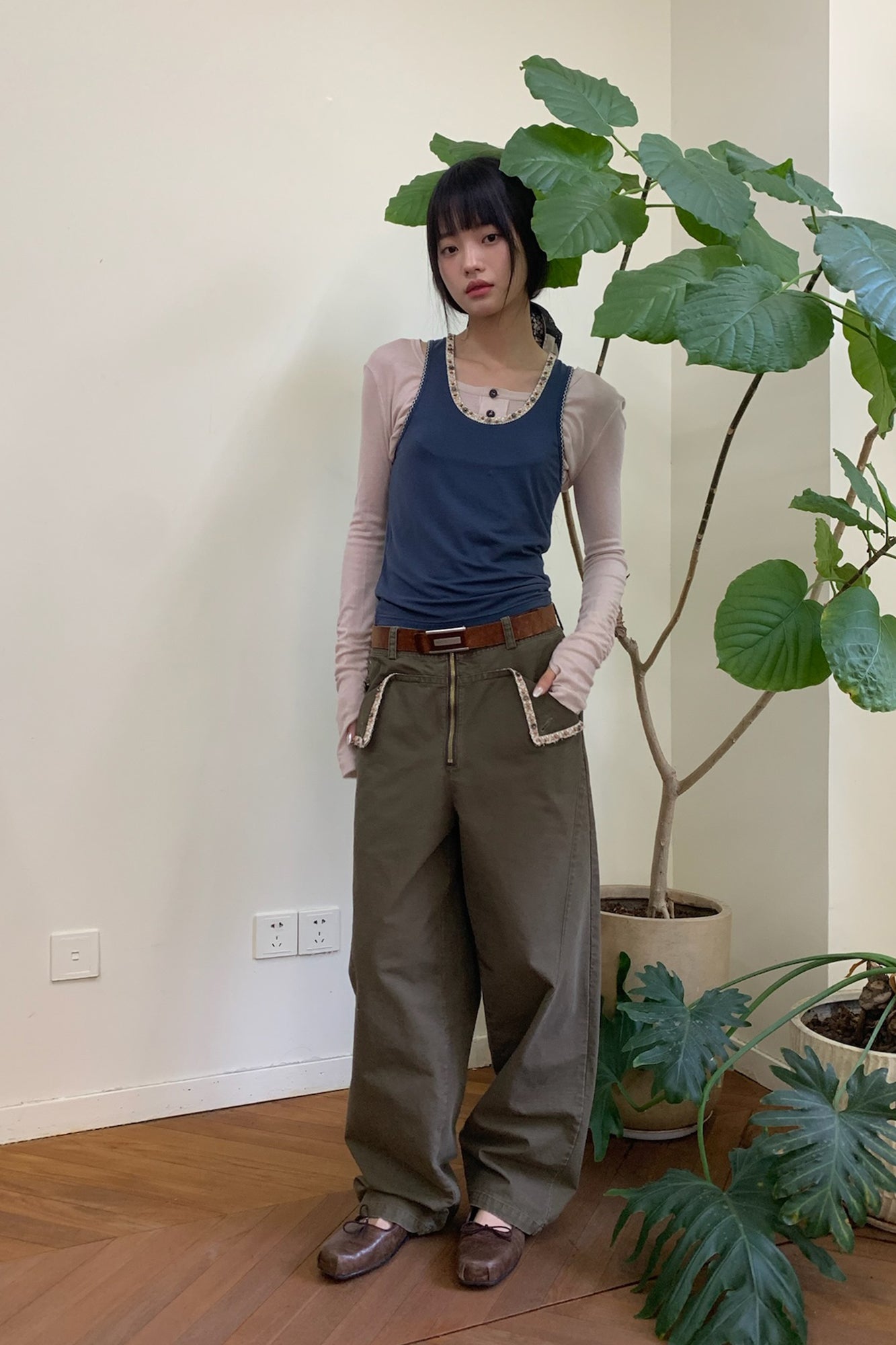 NEVERSEEZ Beaded-Trim Flap-Pocket Zip-Front Pants