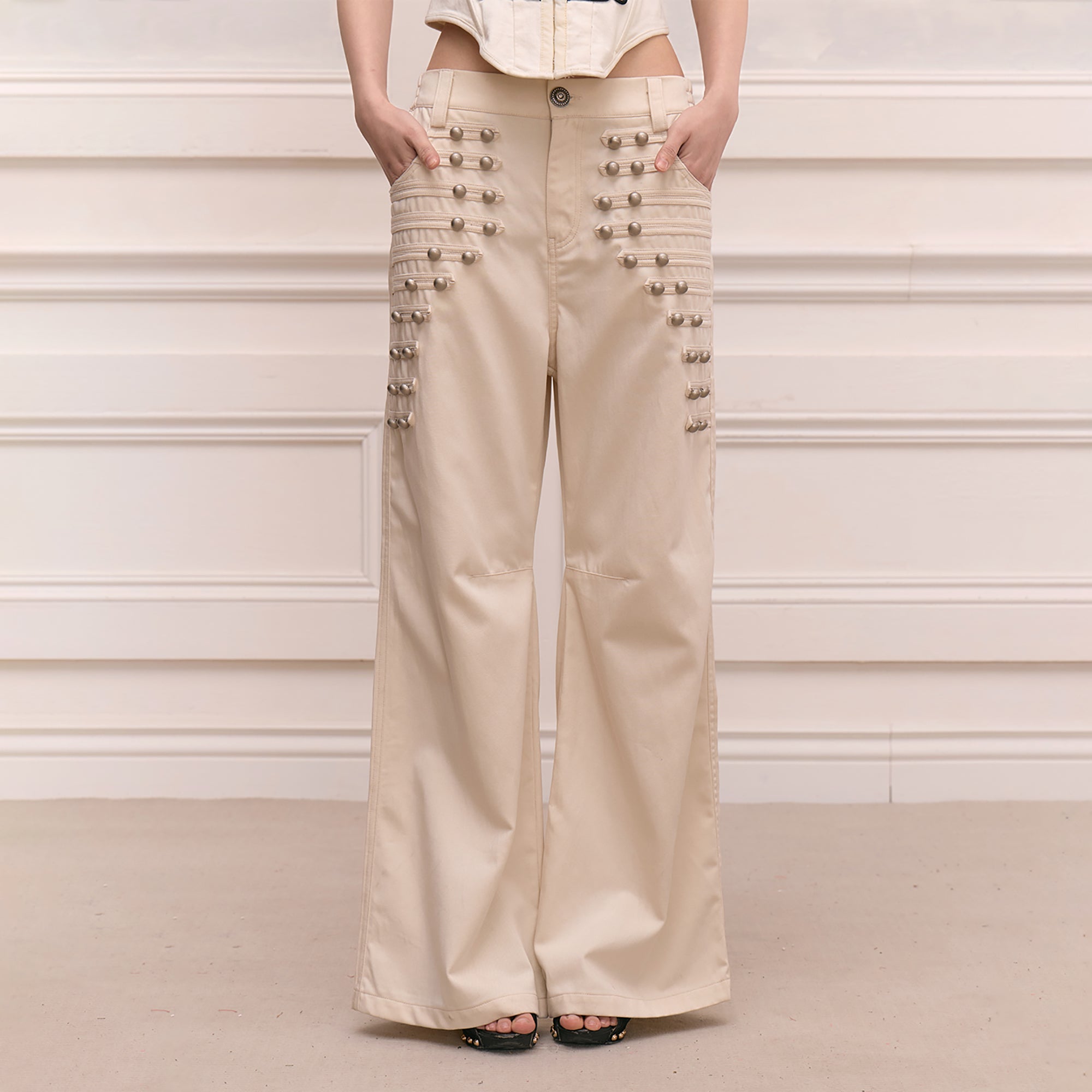 FAYCHUI Retro Metal Studded Wide-Leg Trousers