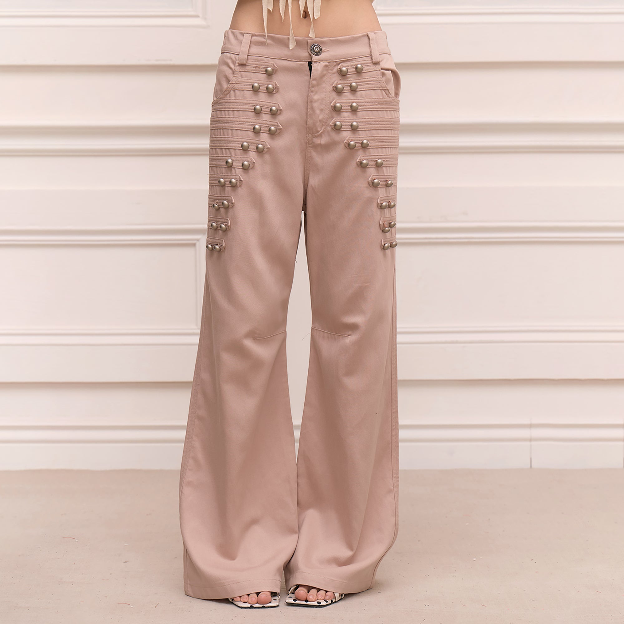 FAYCHUI Retro Metal Studded Wide-Leg Trousers