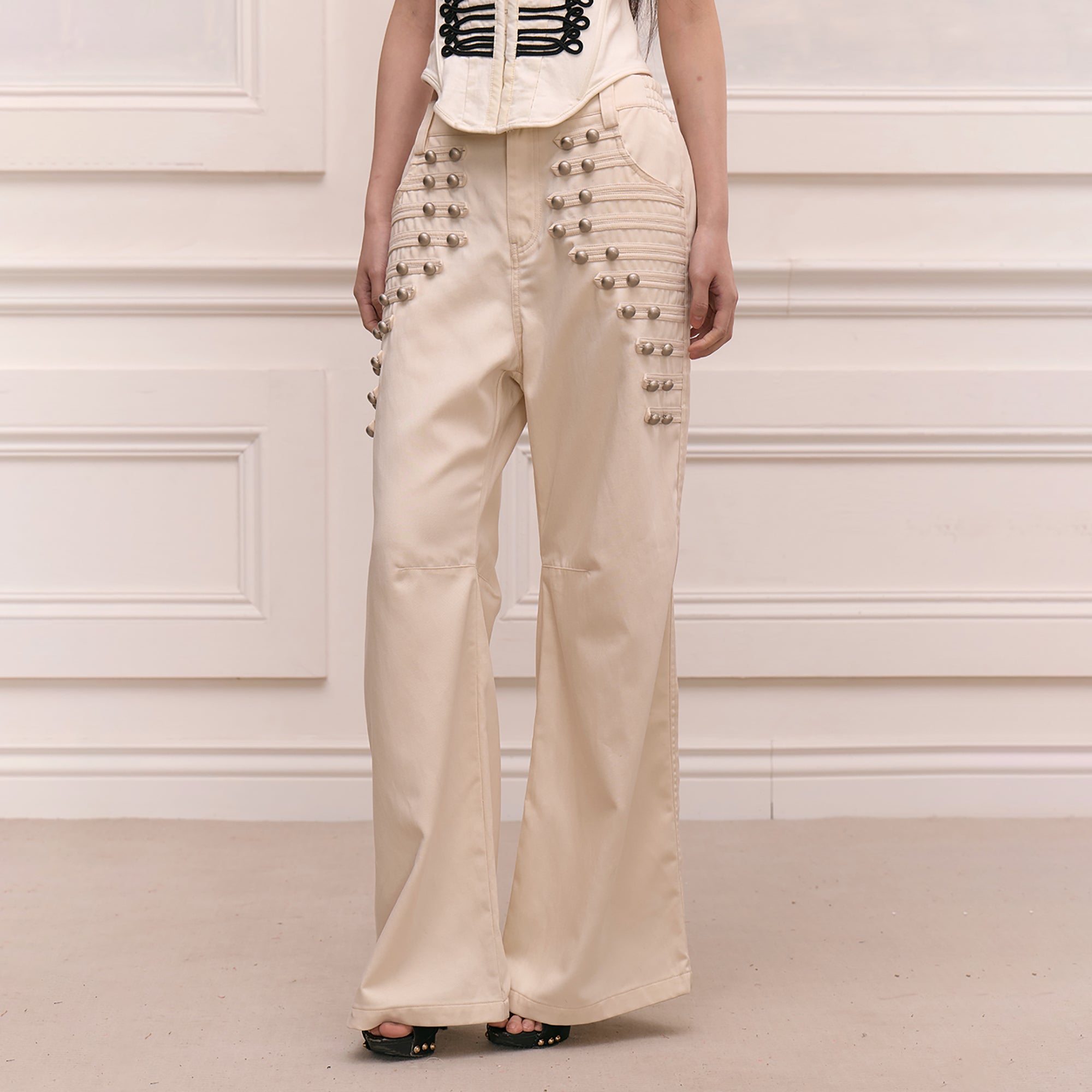 FAYCHUI Retro Metal Studded Wide-Leg Trousers
