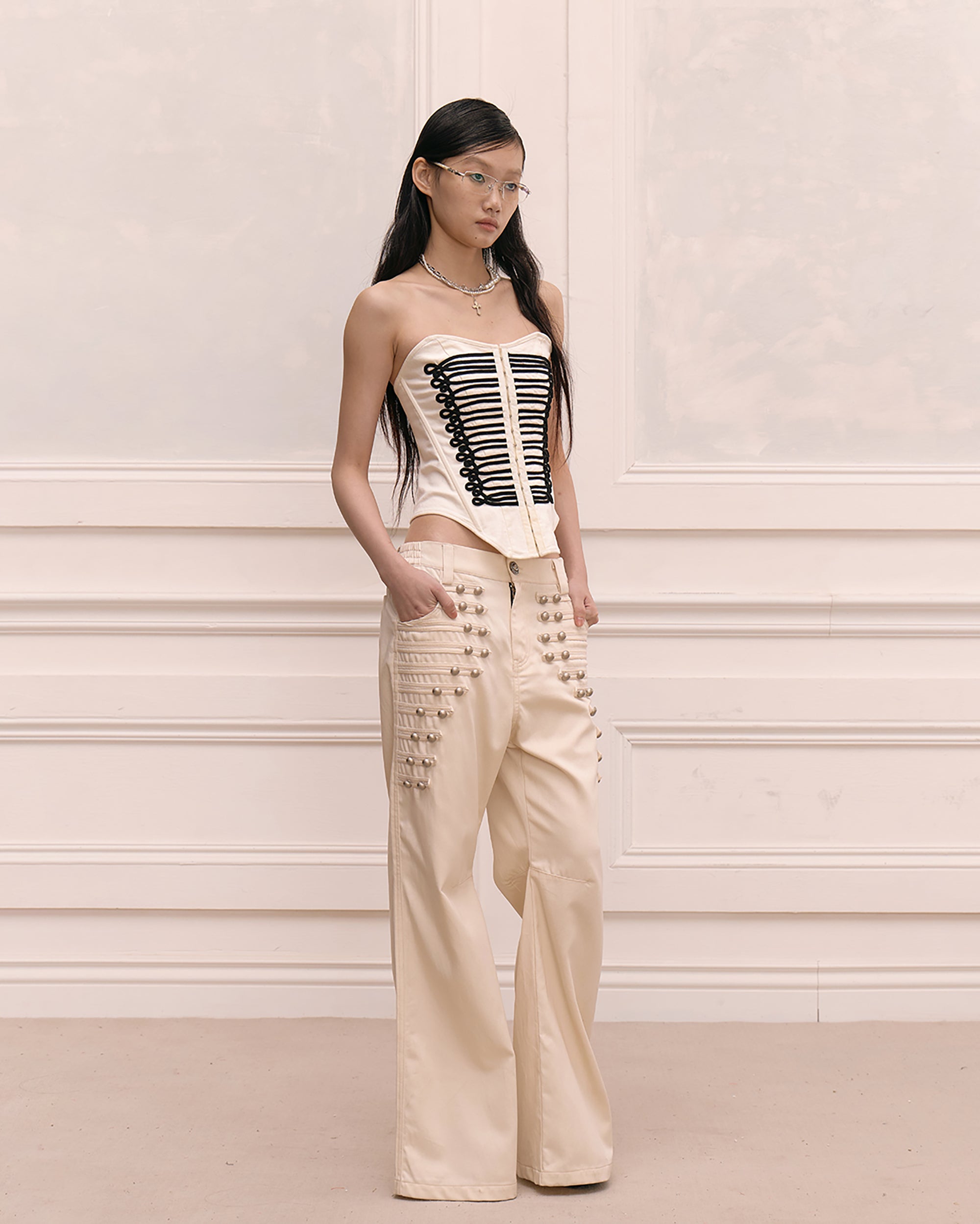 FAYCHUI Retro Metal Studded Wide-Leg Trousers
