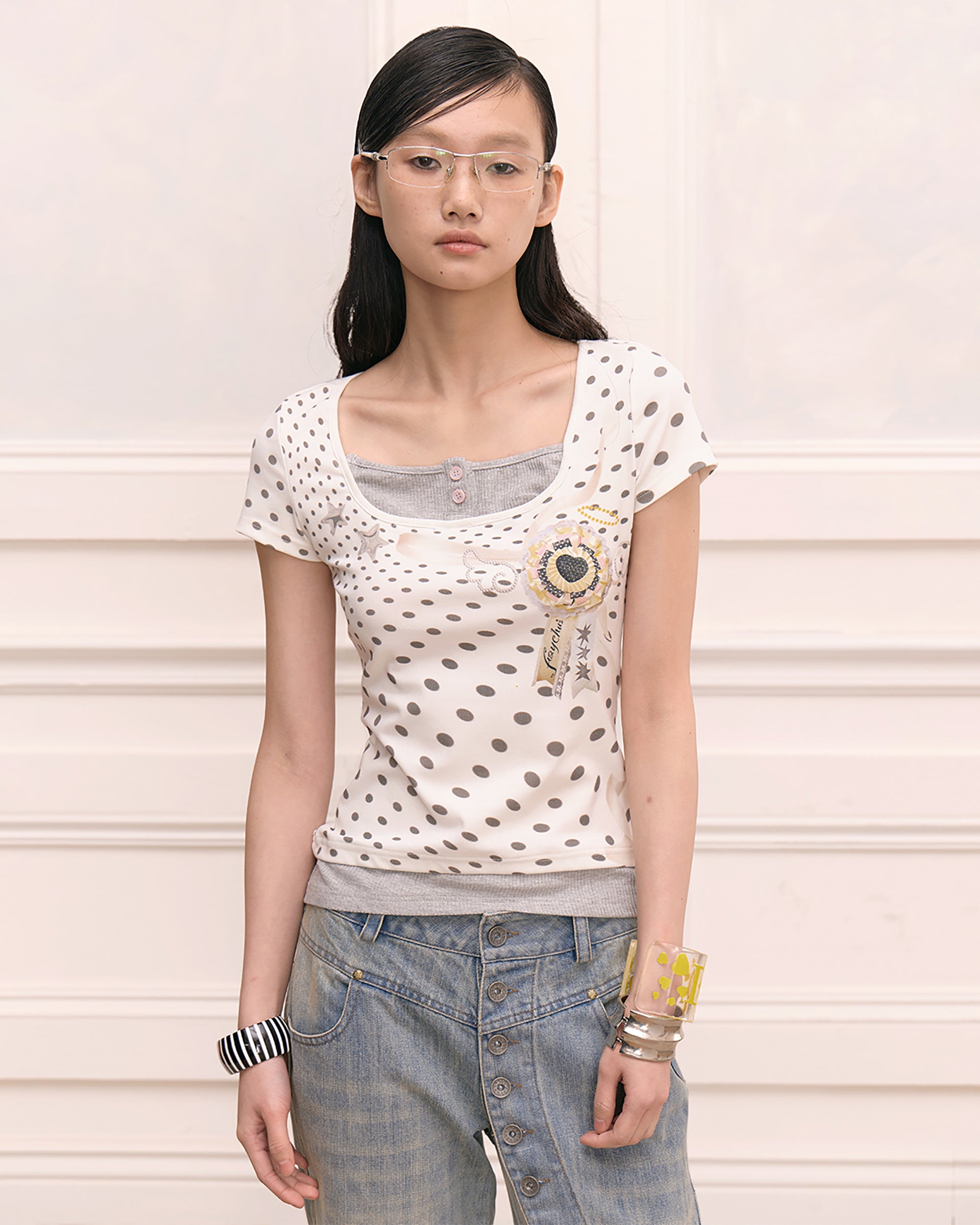 FAYCHUI Retro Polka Dot Faux-Layer Slim Tee