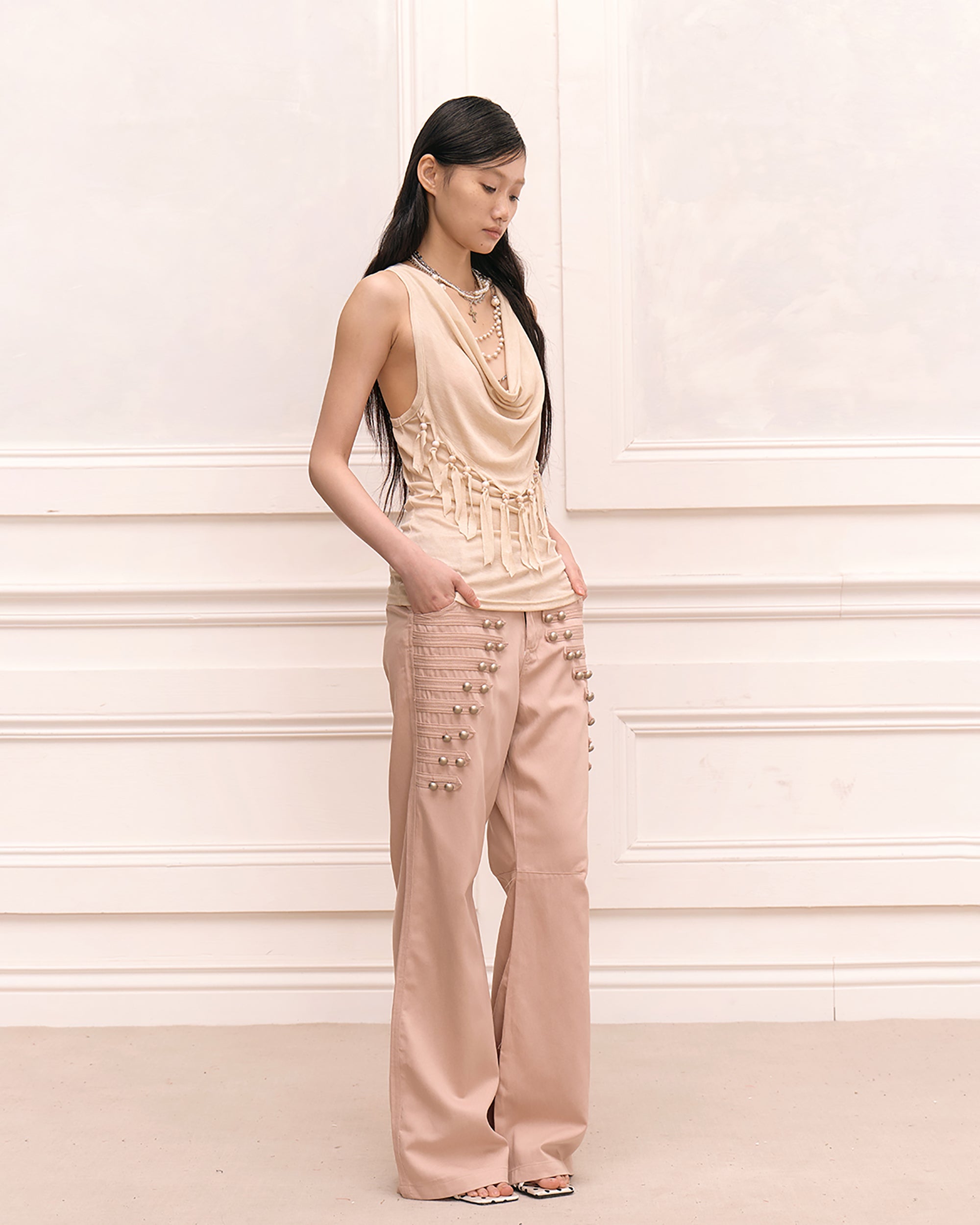 FAYCHUI Retro Metal Studded Wide-Leg Trousers