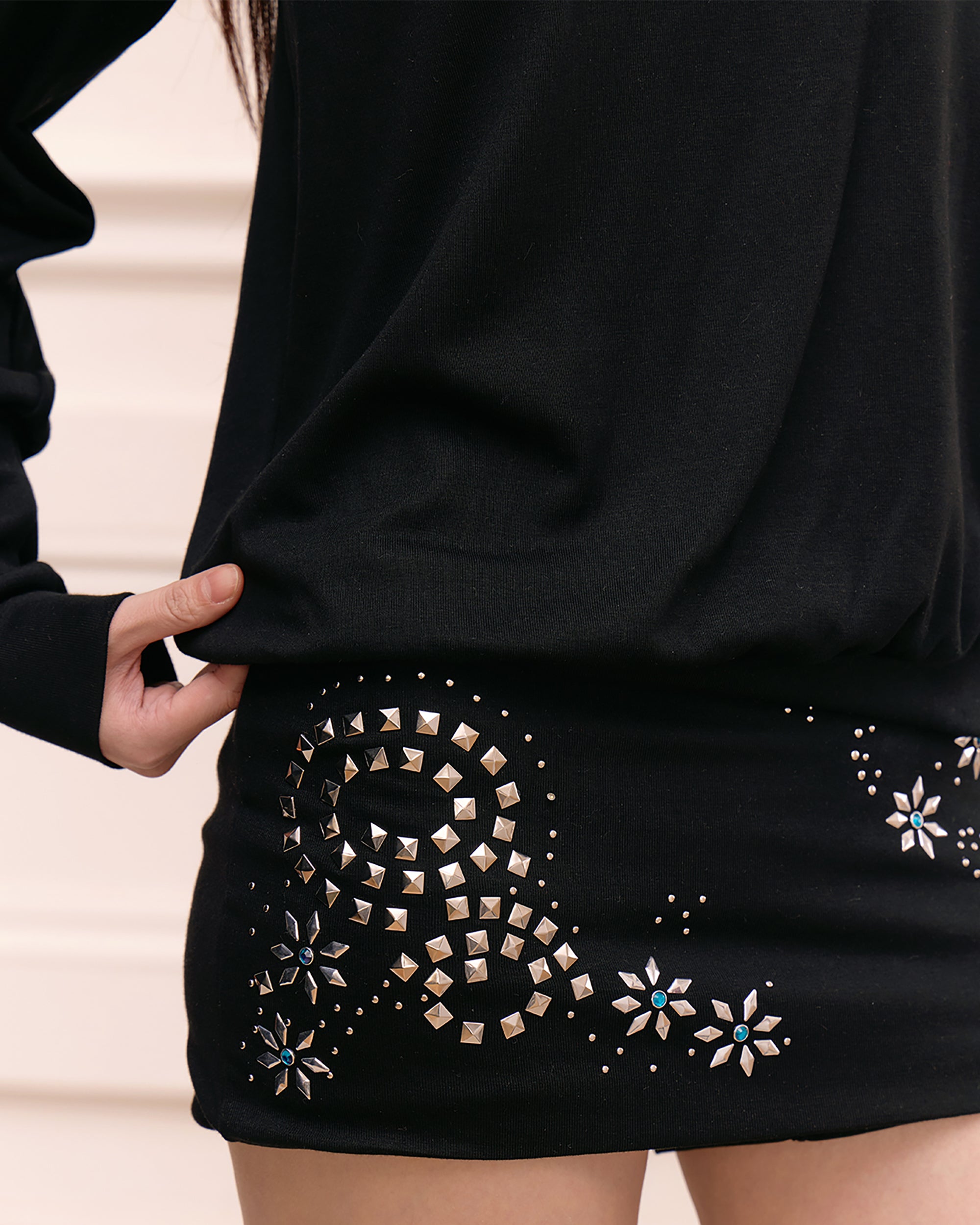 FAYCHUI Off-Shoulder Rhinestone Print Long-Sleeve Dress