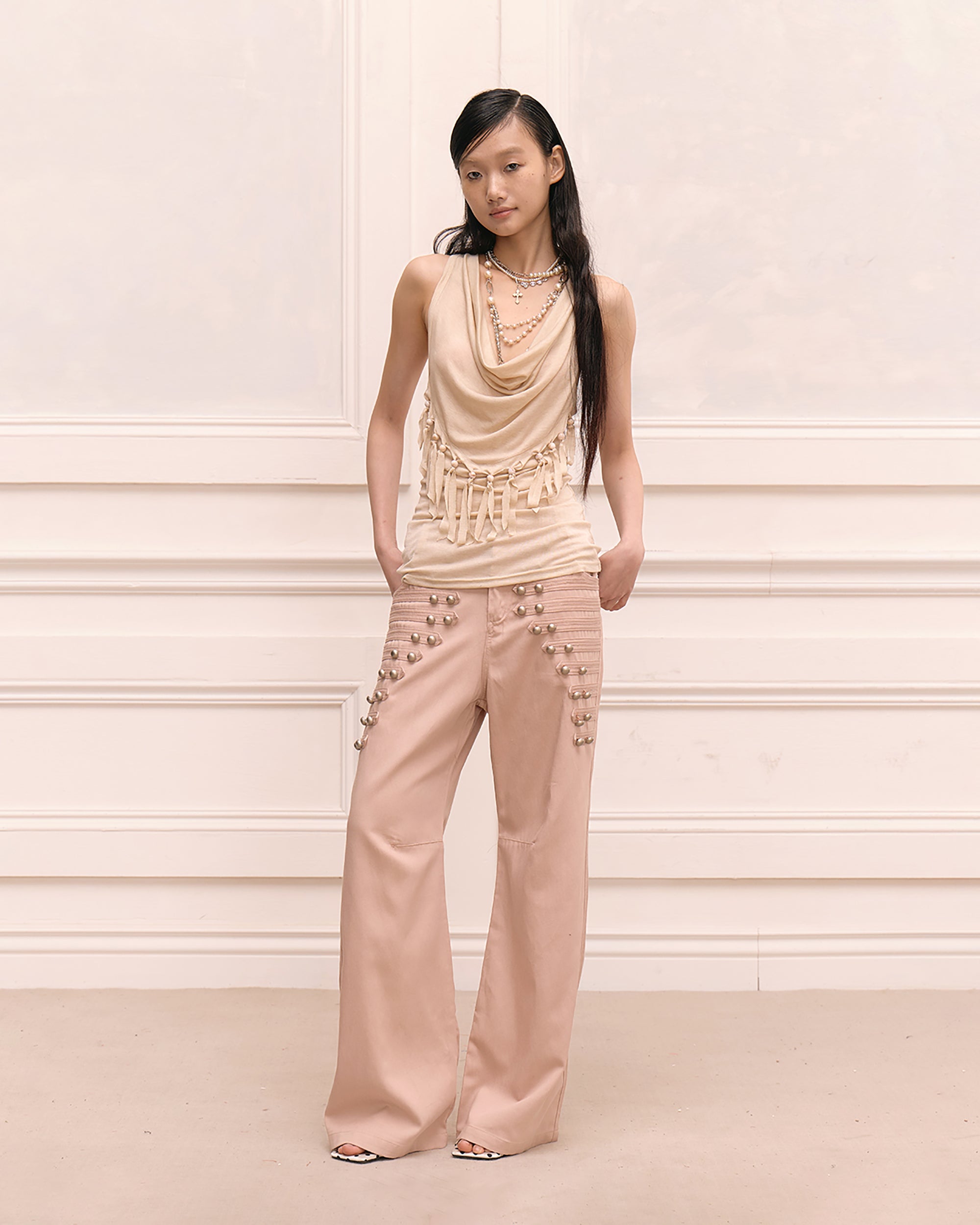 FAYCHUI Retro Metal Studded Wide-Leg Trousers