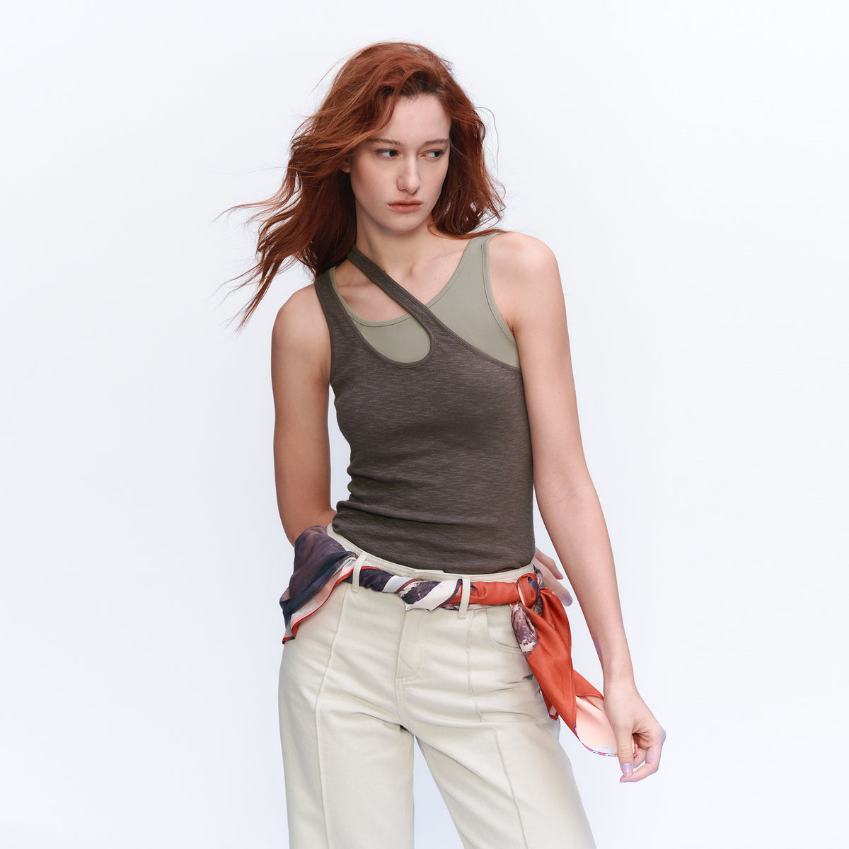 AURA LAND Deconstructed Contrast-Print Layered Tank Top