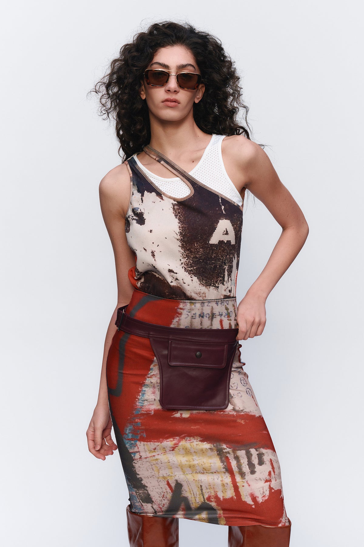 AURA LAND Deconstructed Contrast-Print Layered Tank Top