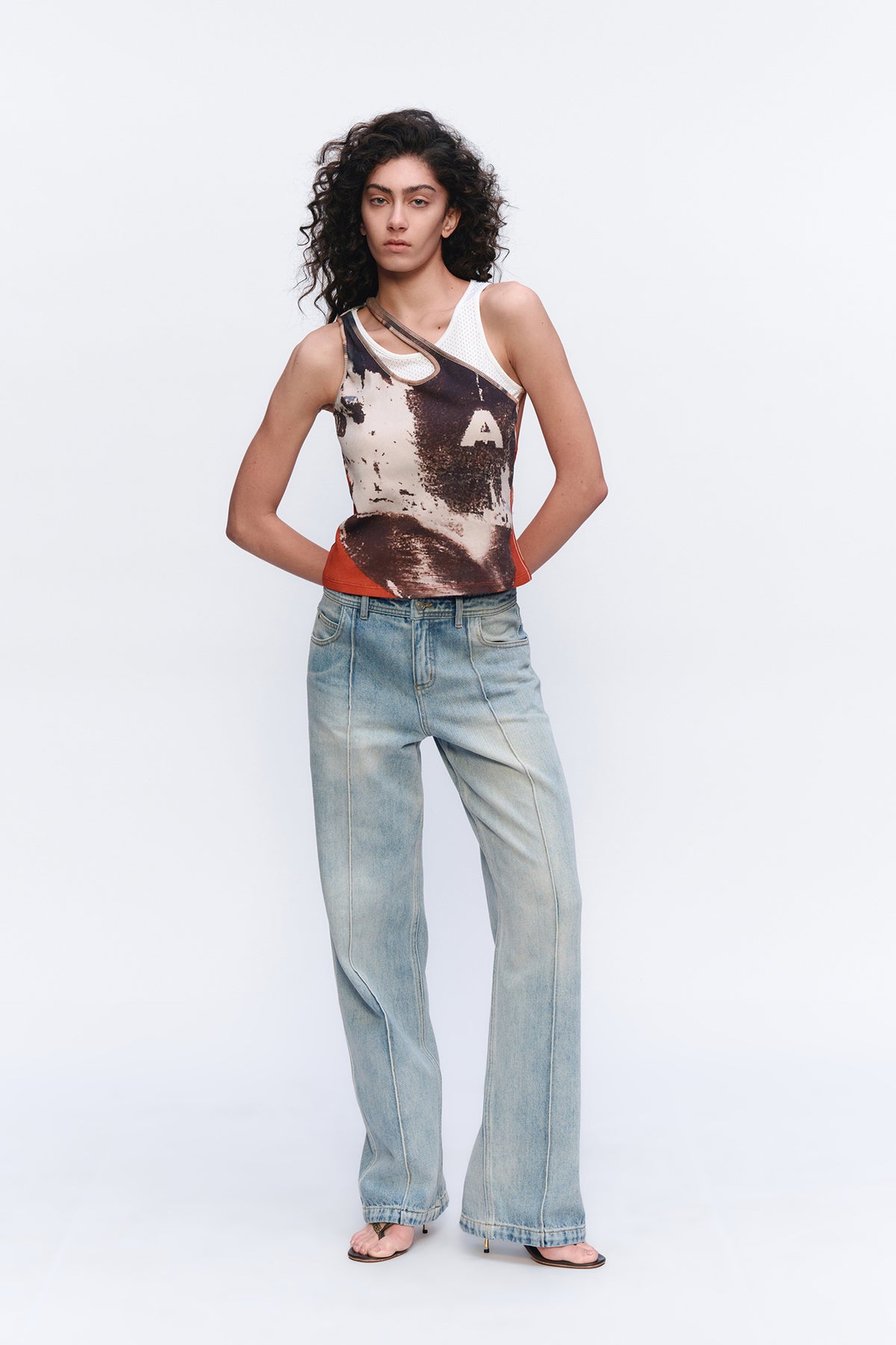 AURA LAND Deconstructed Contrast-Print Layered Tank Top