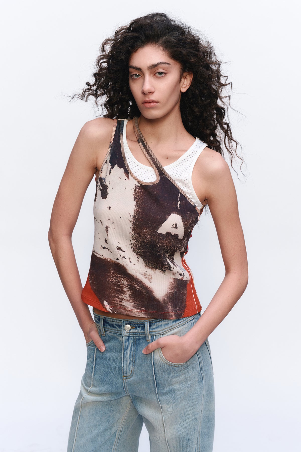 AURA LAND Deconstructed Contrast-Print Layered Tank Top