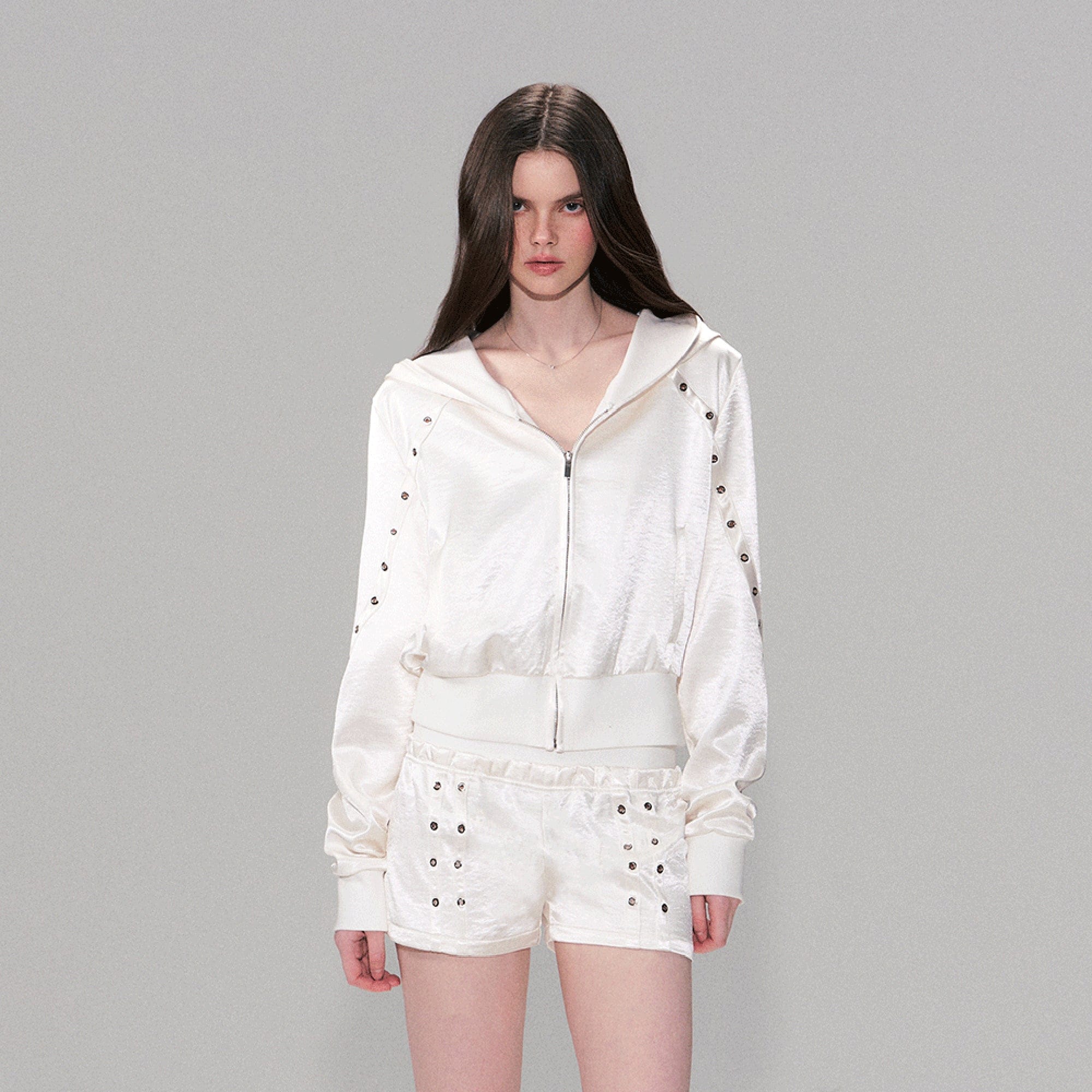 THE NEVERMORE Satin Grommet-Stud Hooded Jacket & Shorts Set