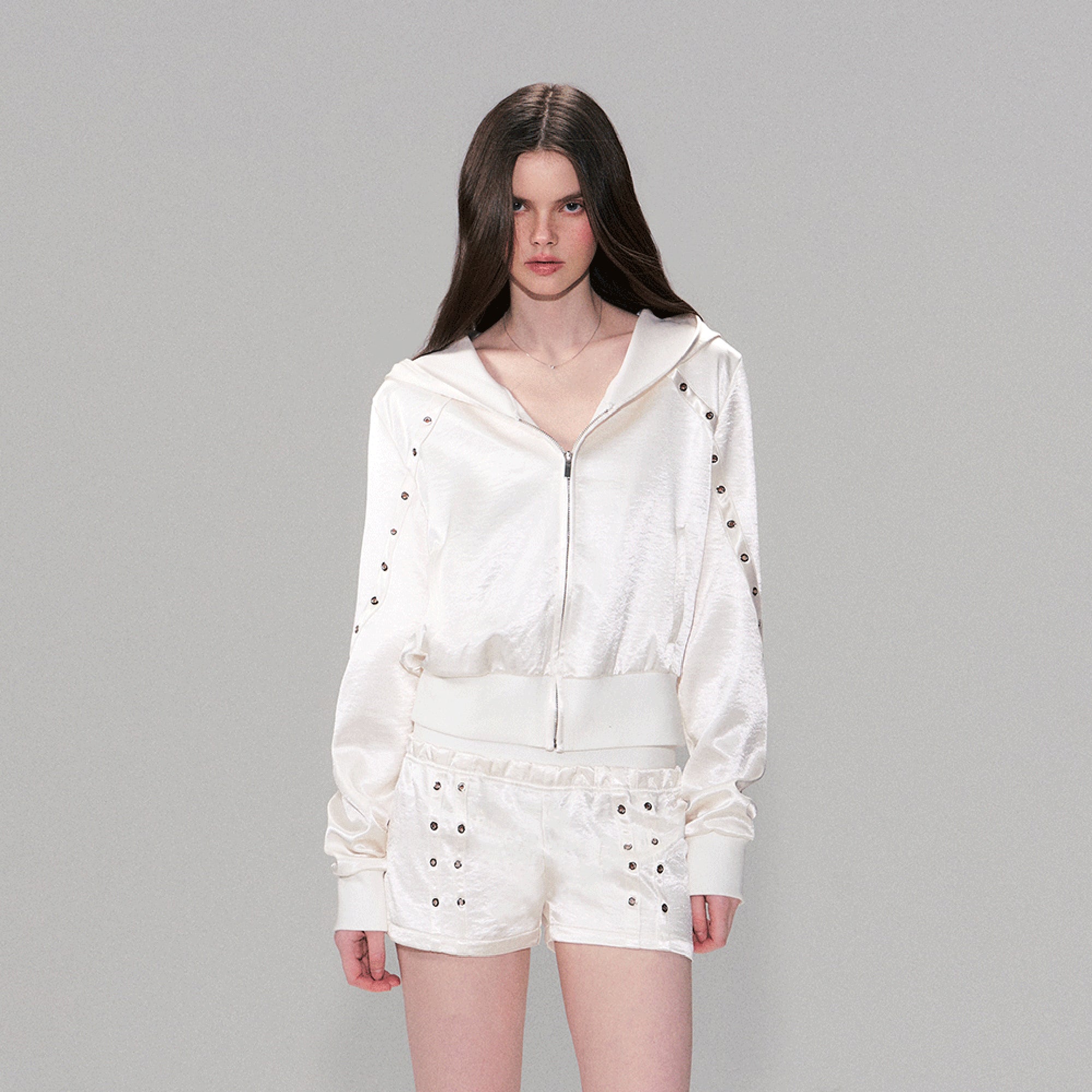 THE NEVERMORE Satin Grommet-Stud Hooded Jacket & Shorts Set