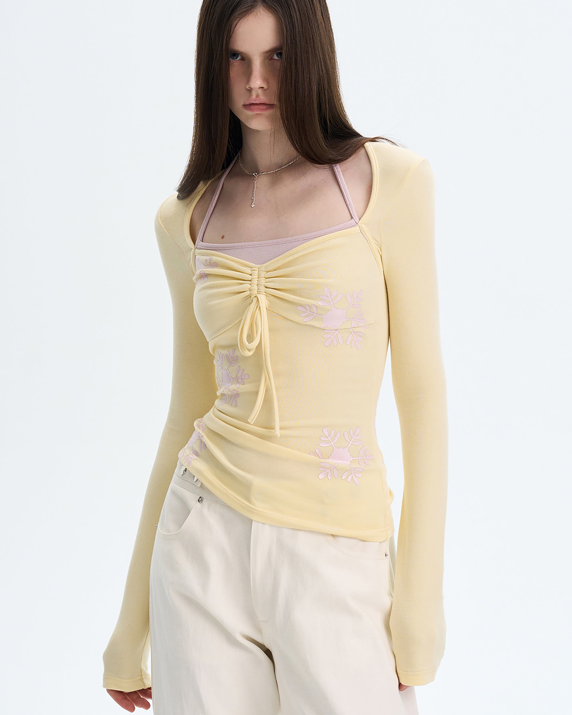 THE NEVERMORE Contrast Layered Tie-Front Long-Sleeve Top