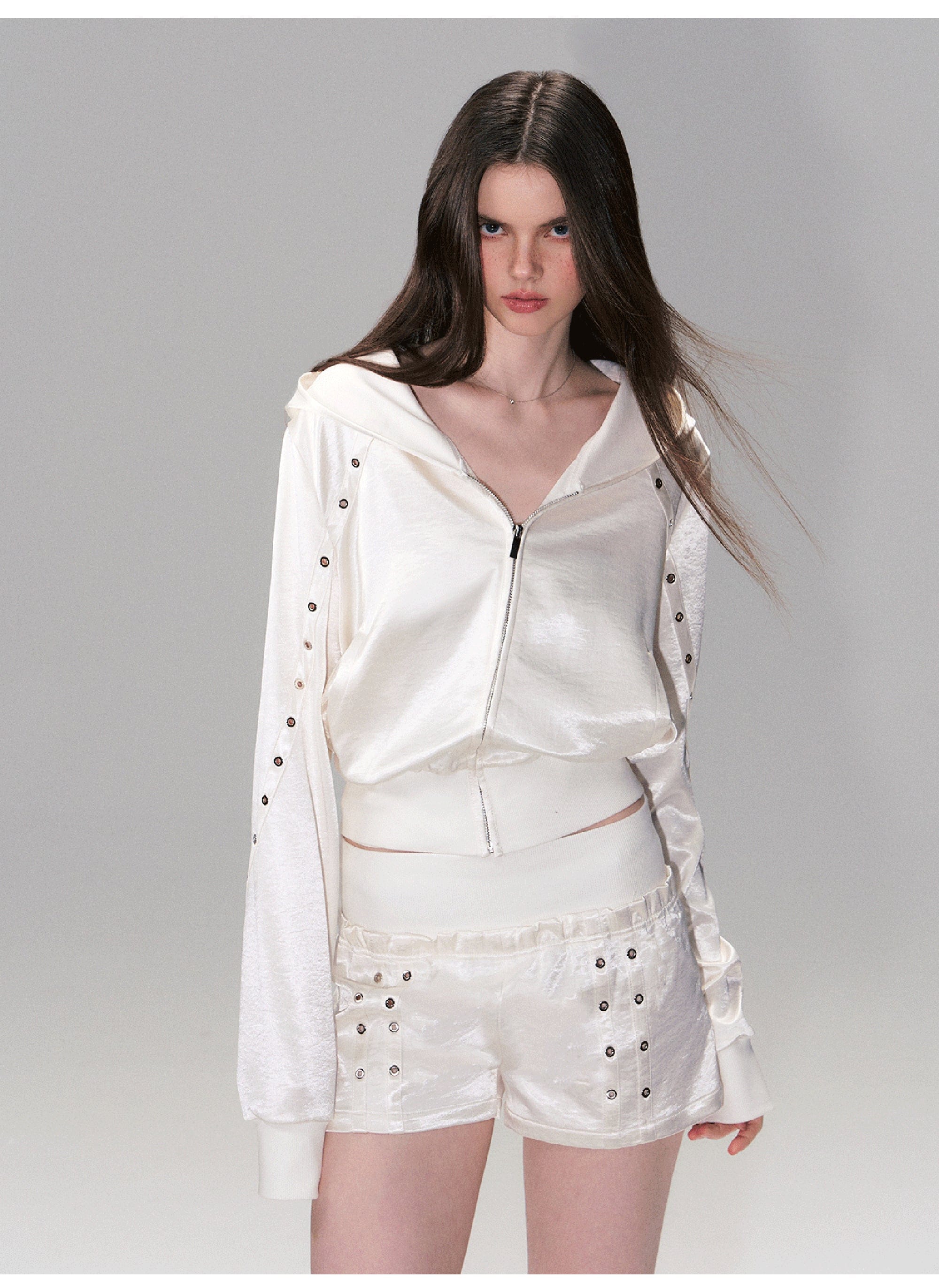 THE NEVERMORE Satin Grommet-Stud Hooded Jacket & Shorts Set