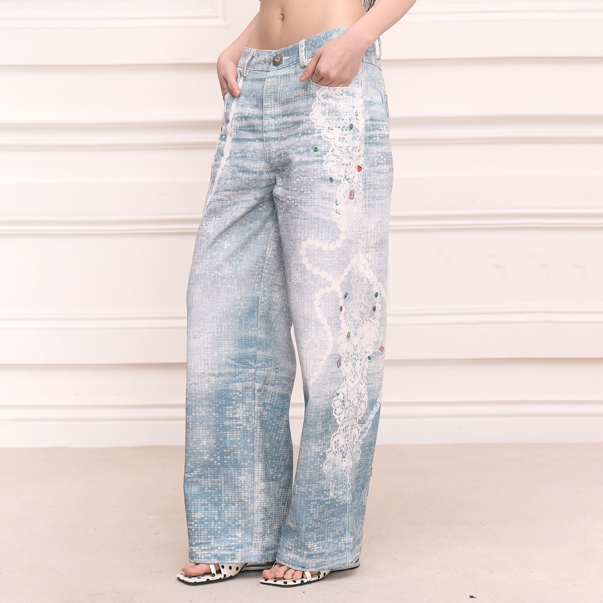 FAYCHUI Lace & Pearl Full-Print Straight-Leg Jeans