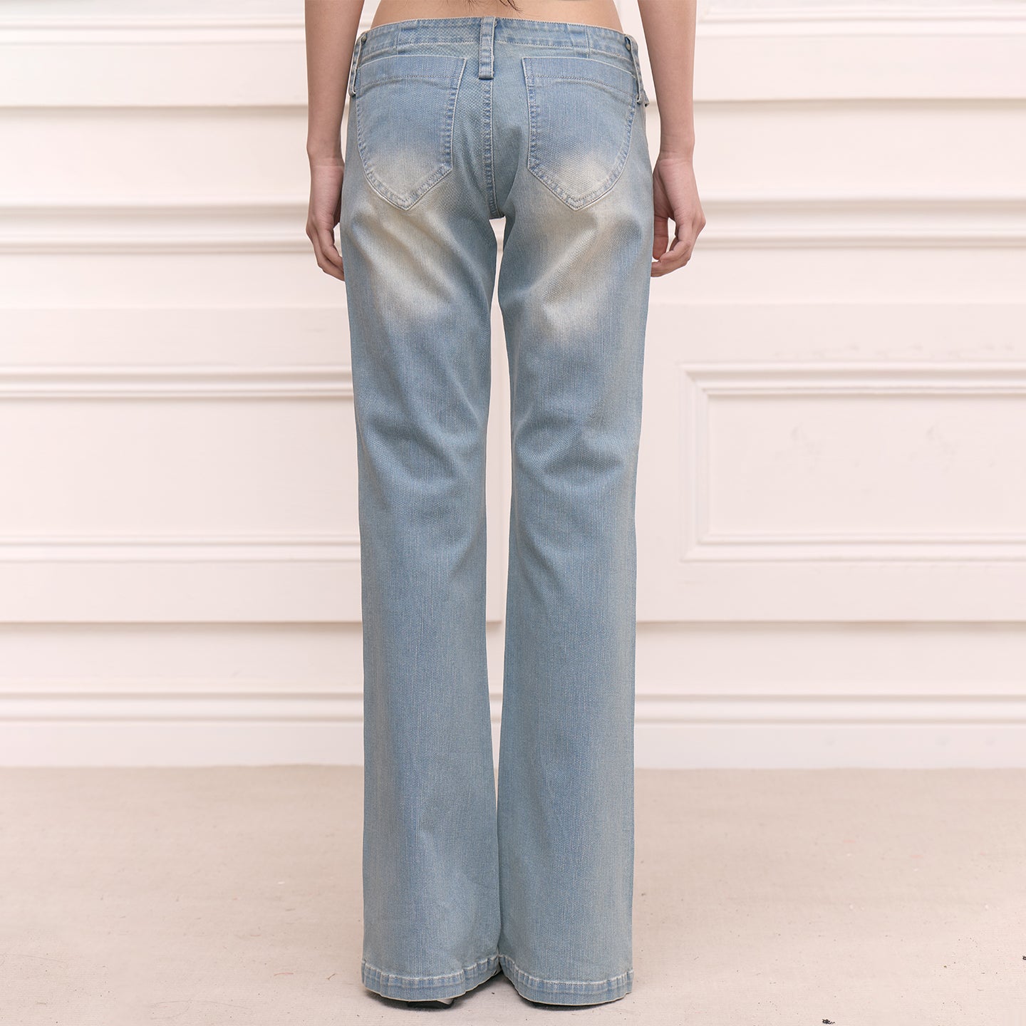 FAYCHUI Washed Diamond Belted Flared Jeans