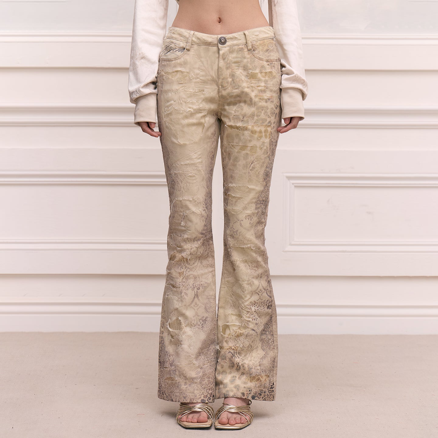FAYCHUI Distressed Leopard Slim Flared Pants