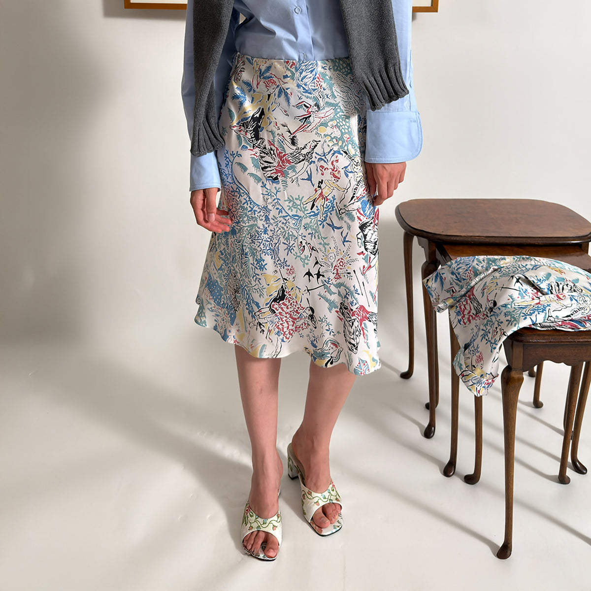 WINGFREE Retro Silk Floral Print Bias-Cut Midi Skirt