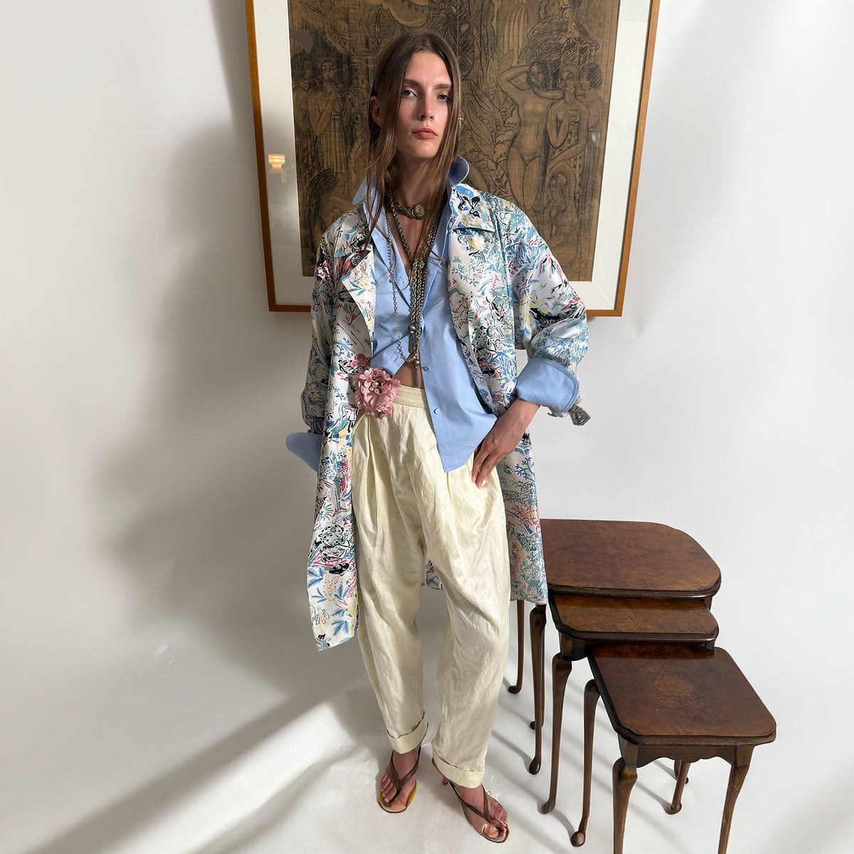 WINGFREE Silk-Blended Double-Breasted Oversized Coat