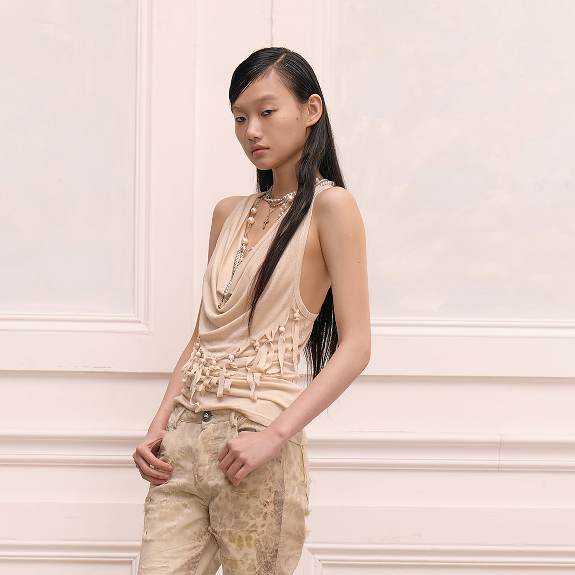 FAYCHUI Wool-Blend Pearl Fringe Drape Top