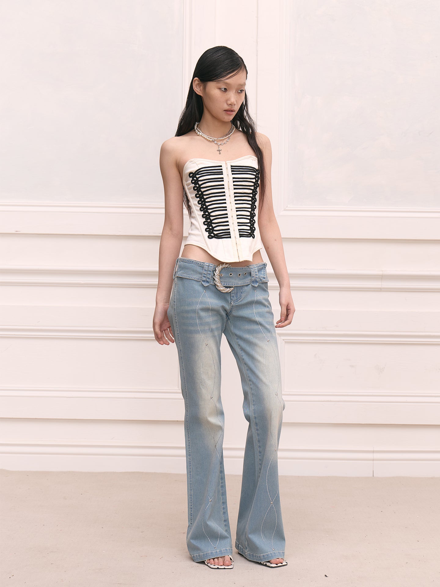 FAYCHUI Washed Diamond Belted Flared Jeans