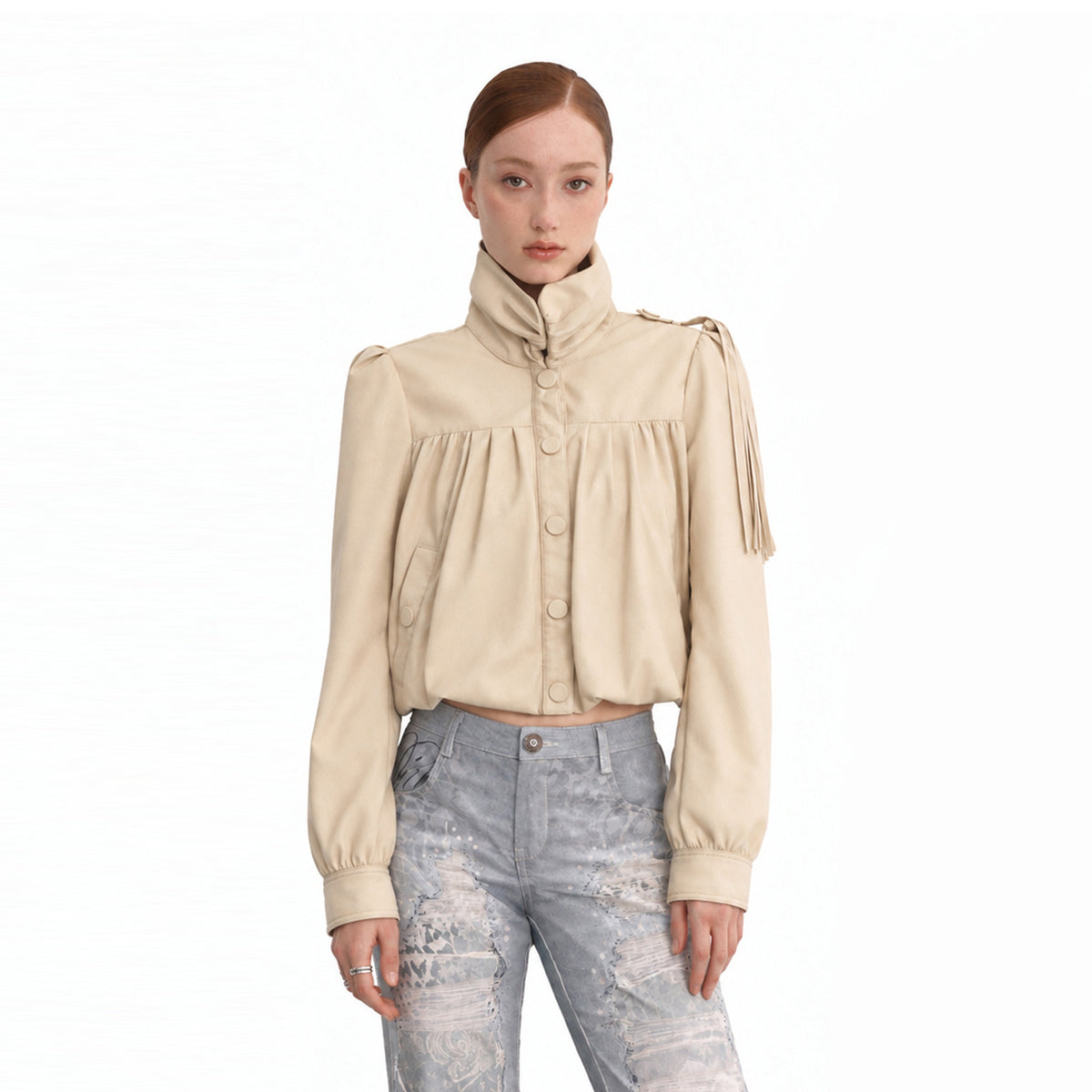 FAYCHUI Faux Leather Ruched Fringe High-Neck Slim Jacket