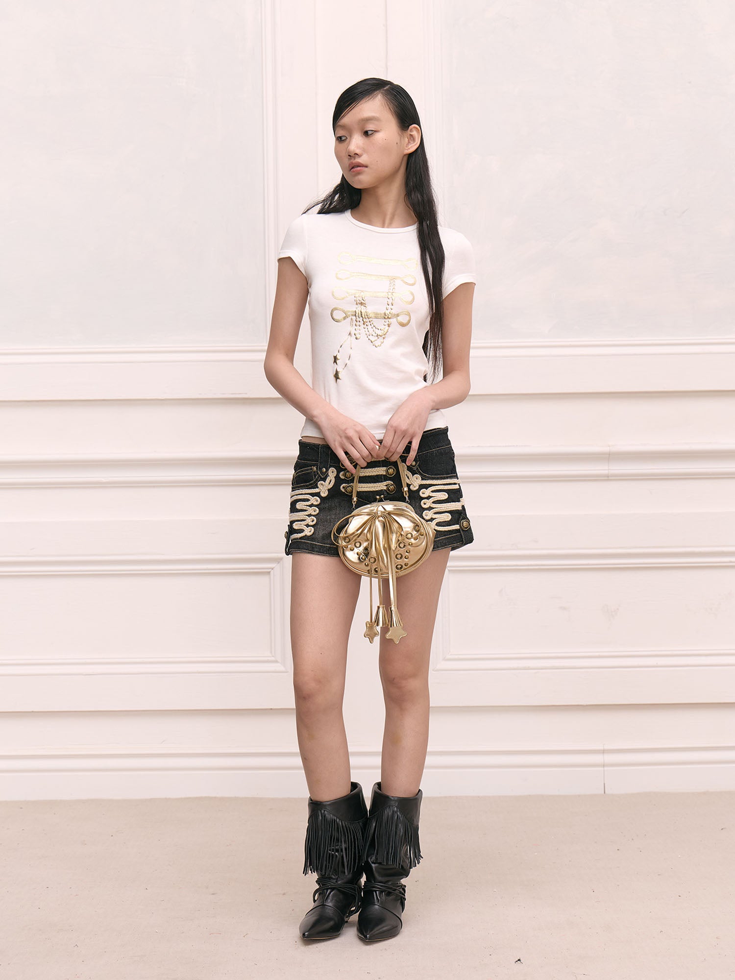 FAYCHUI Military Hussar Denim Shorts