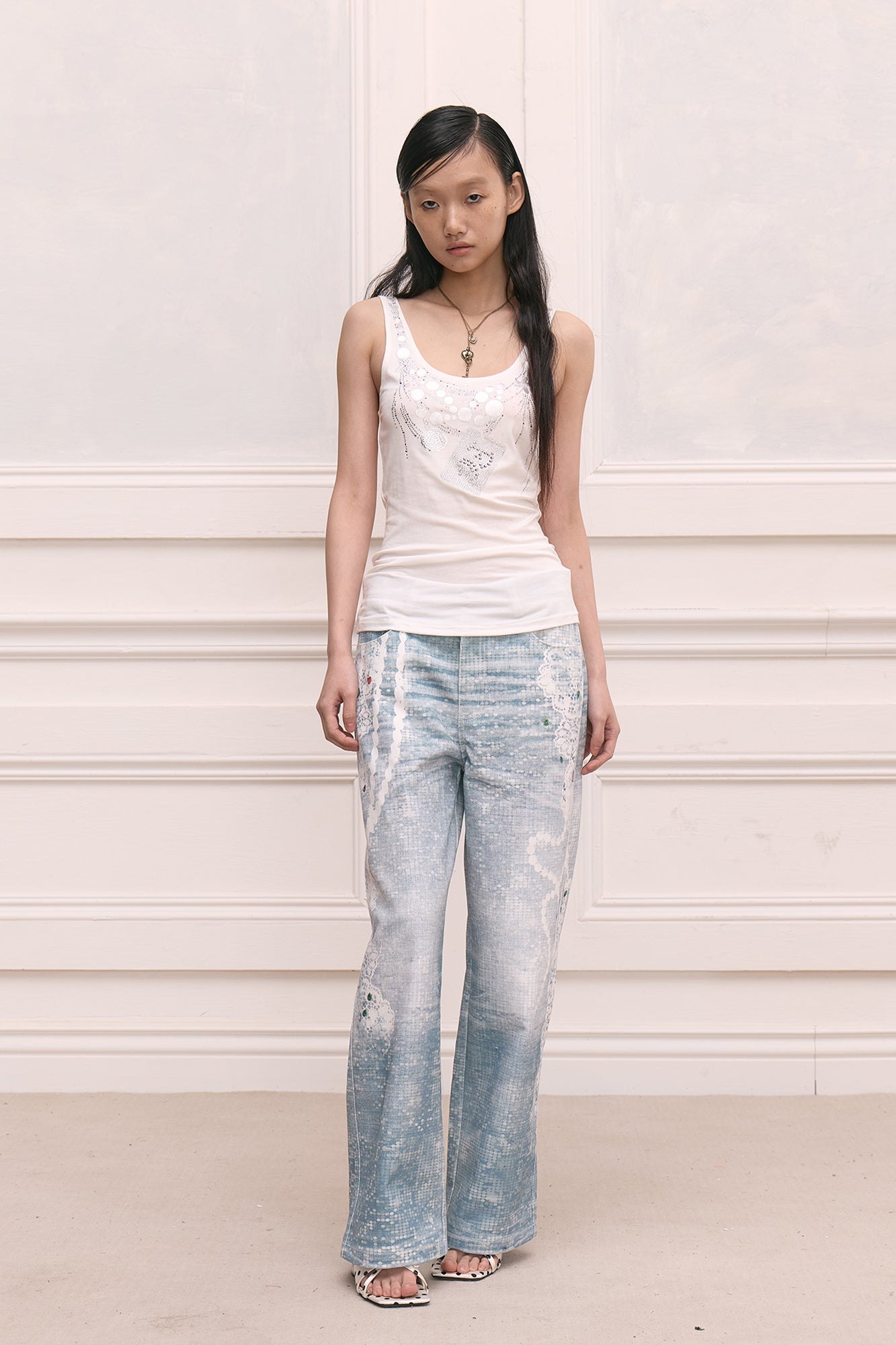 FAYCHUI Foil-Print Diamond Necklace Graphic Tank Top
