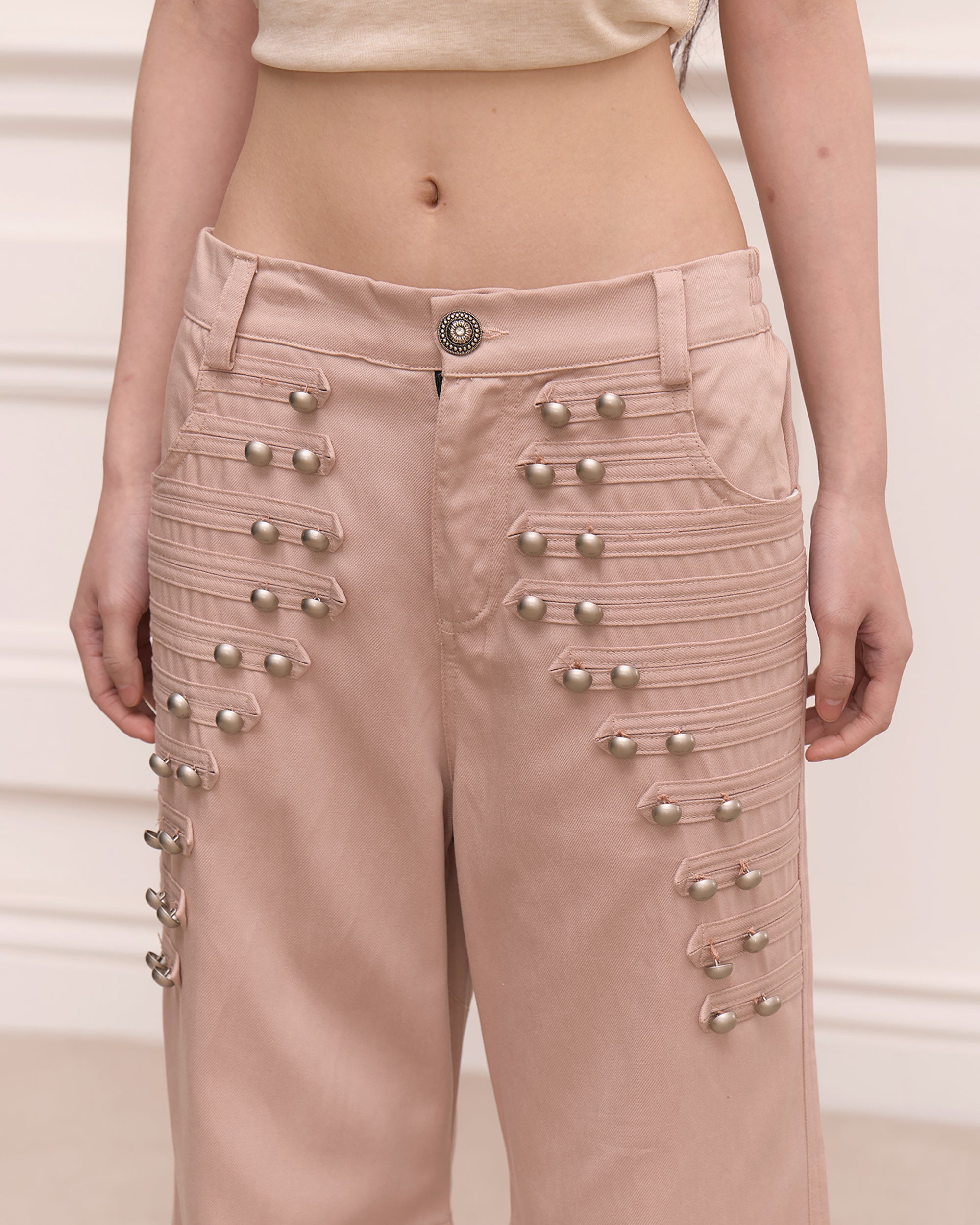 FAYCHUI Retro Metal Studded Wide-Leg Trousers