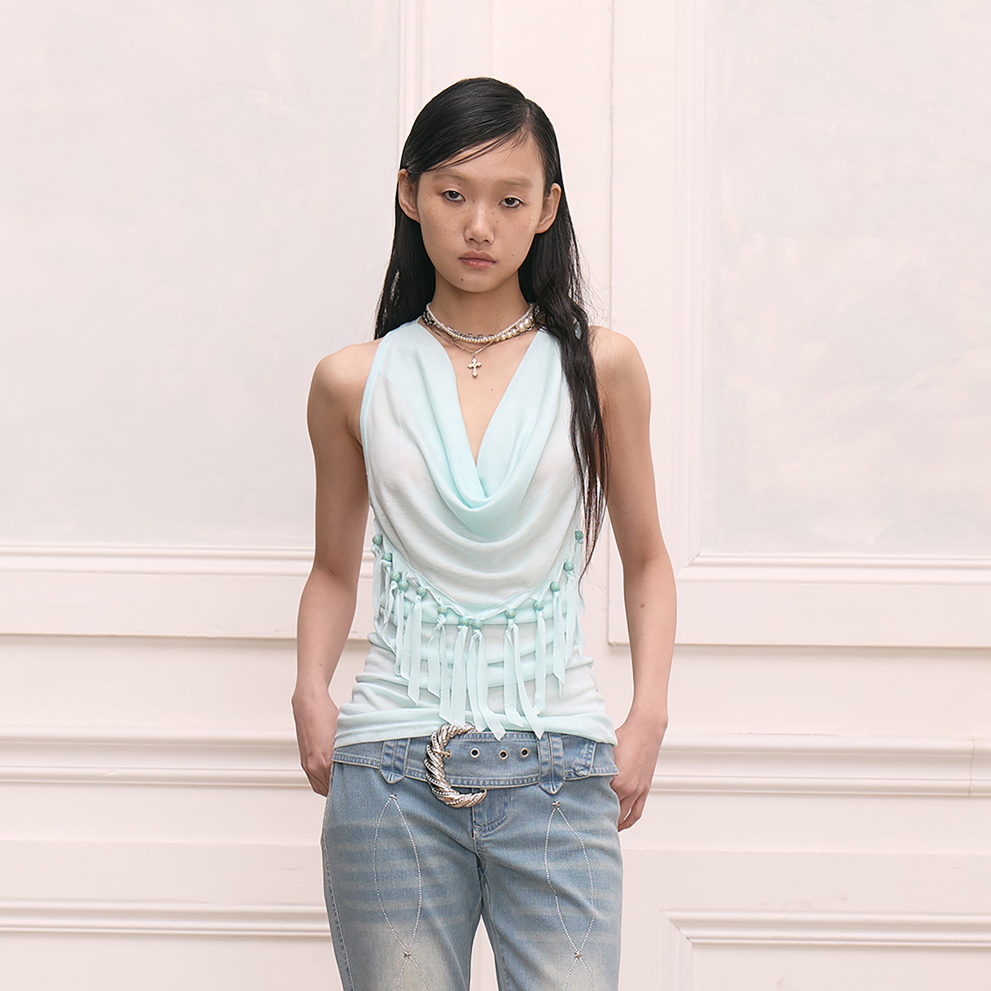 FAYCHUI Wool-Blend Pearl Fringe Drape Top