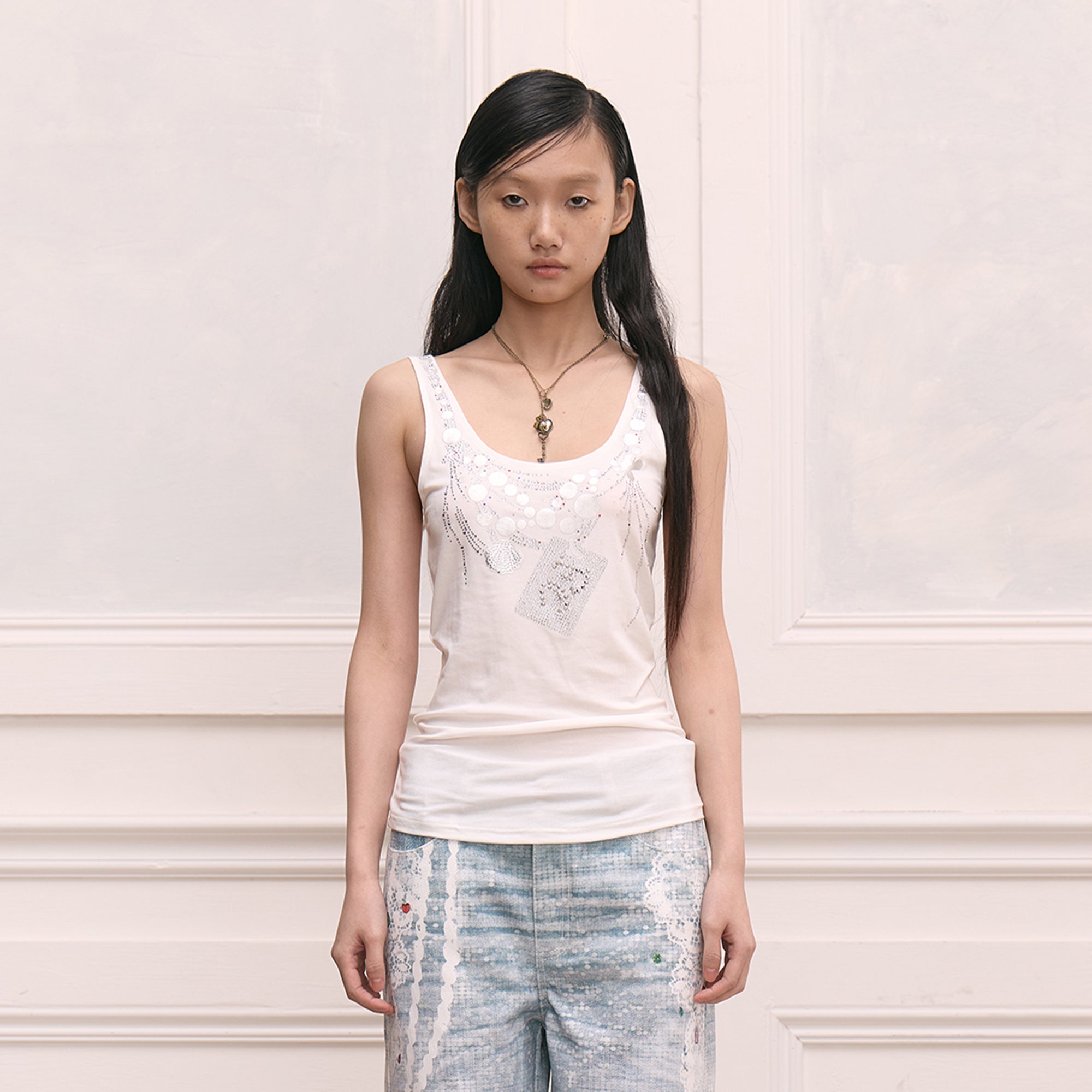 FAYCHUI Foil-Print Diamond Necklace Graphic Tank Top