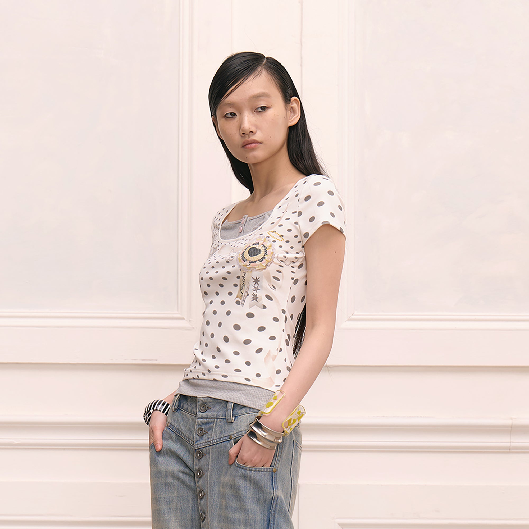 FAYCHUI Retro Polka Dot Faux-Layer Slim Tee