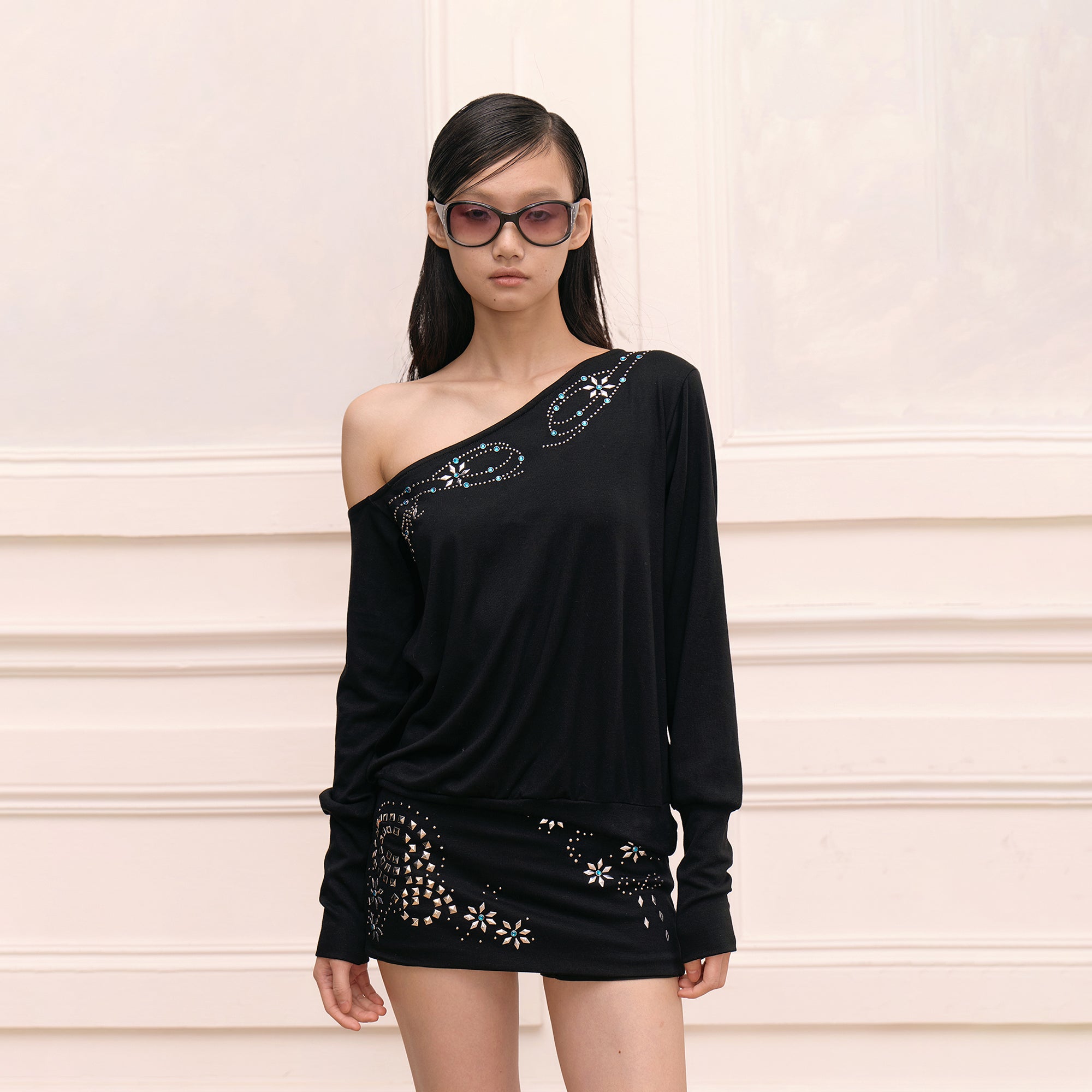 FAYCHUI Off-Shoulder Rhinestone Print Long-Sleeve Dress