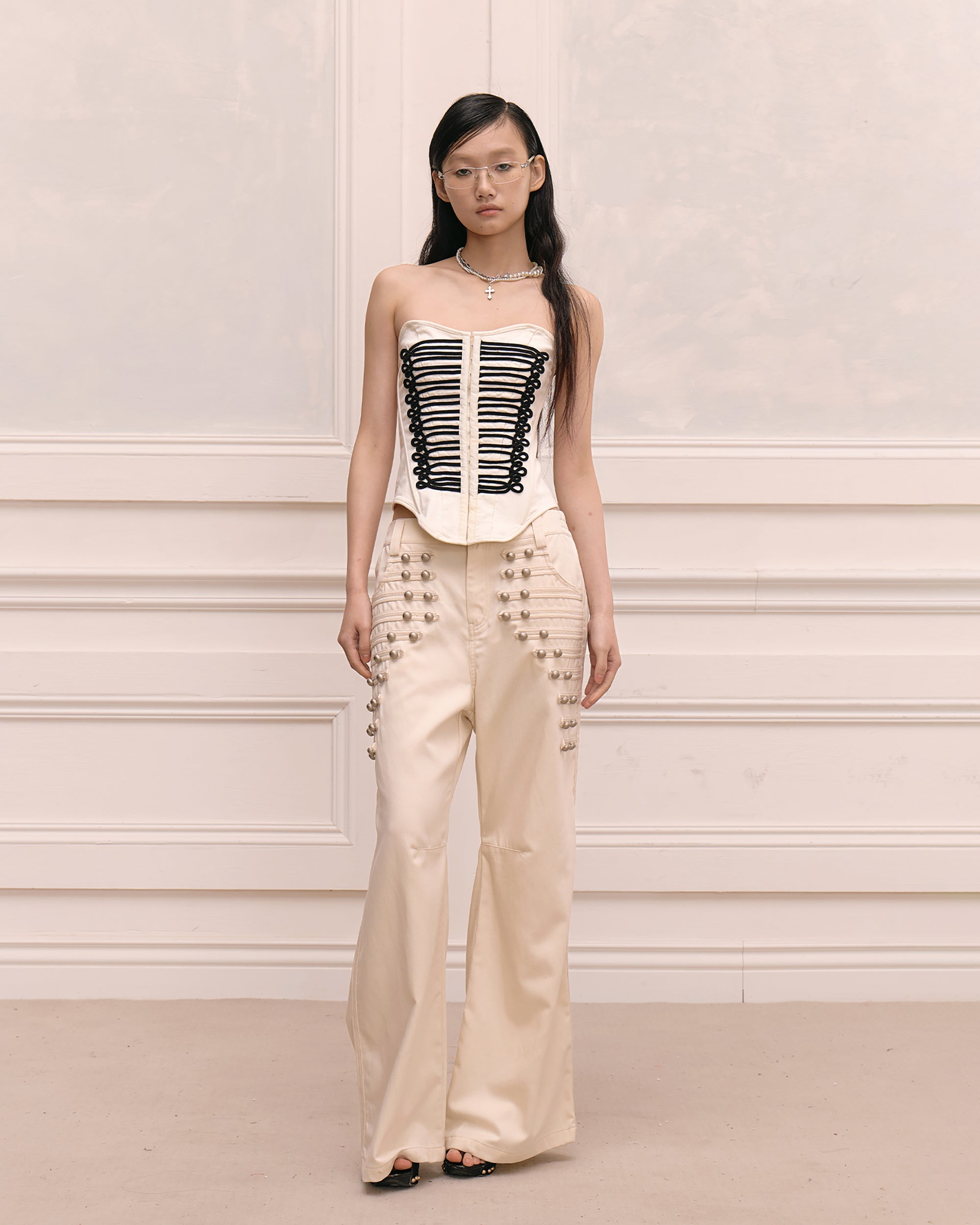 FAYCHUI Retro Metal Studded Wide-Leg Trousers