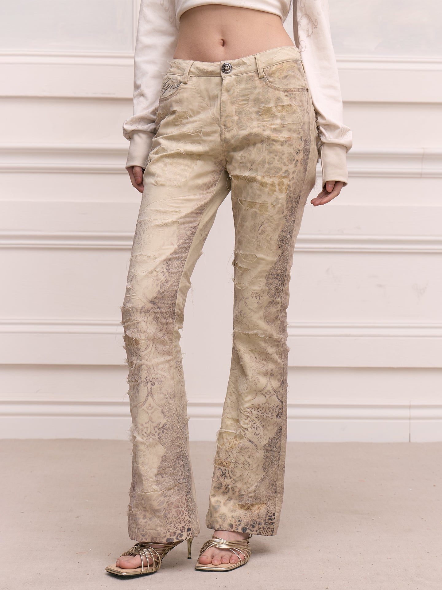 FAYCHUI Distressed Leopard Slim Flared Pants