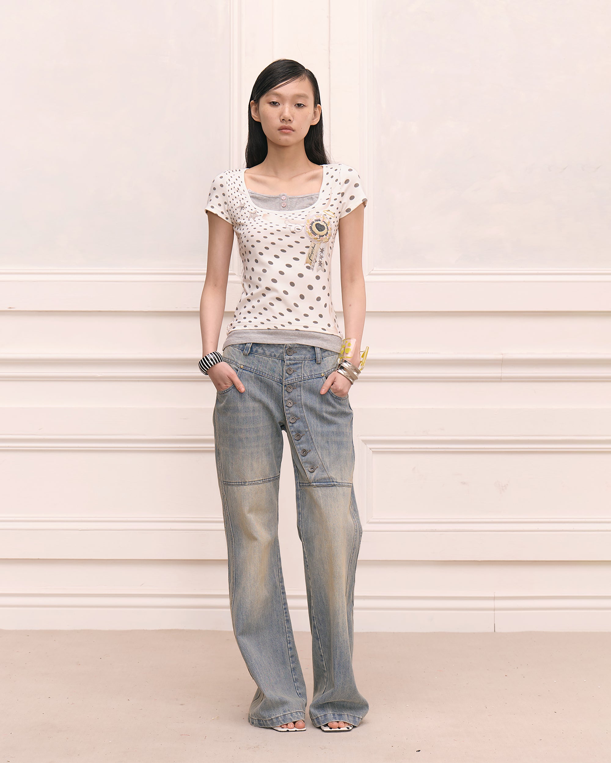 FAYCHUI Retro Polka Dot Faux-Layer Slim Tee