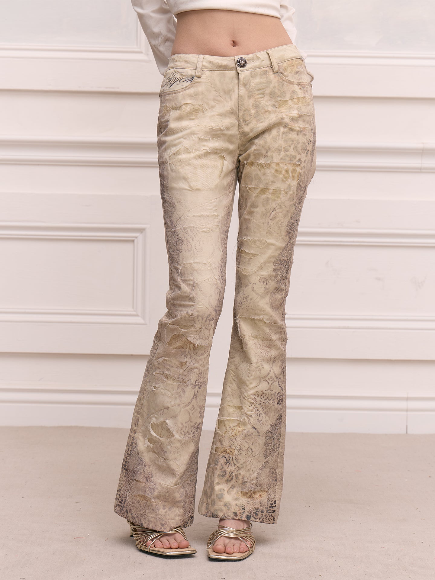 FAYCHUI Distressed Leopard Slim Flared Pants