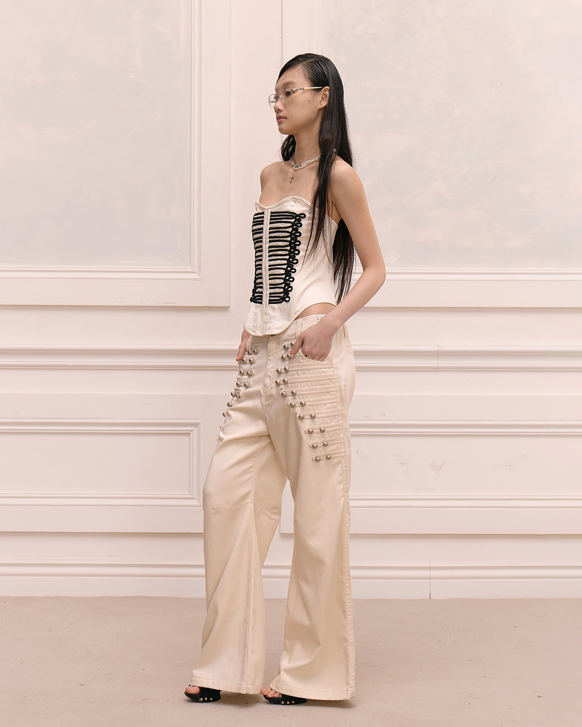 FAYCHUI Retro Metal Studded Wide-Leg Trousers