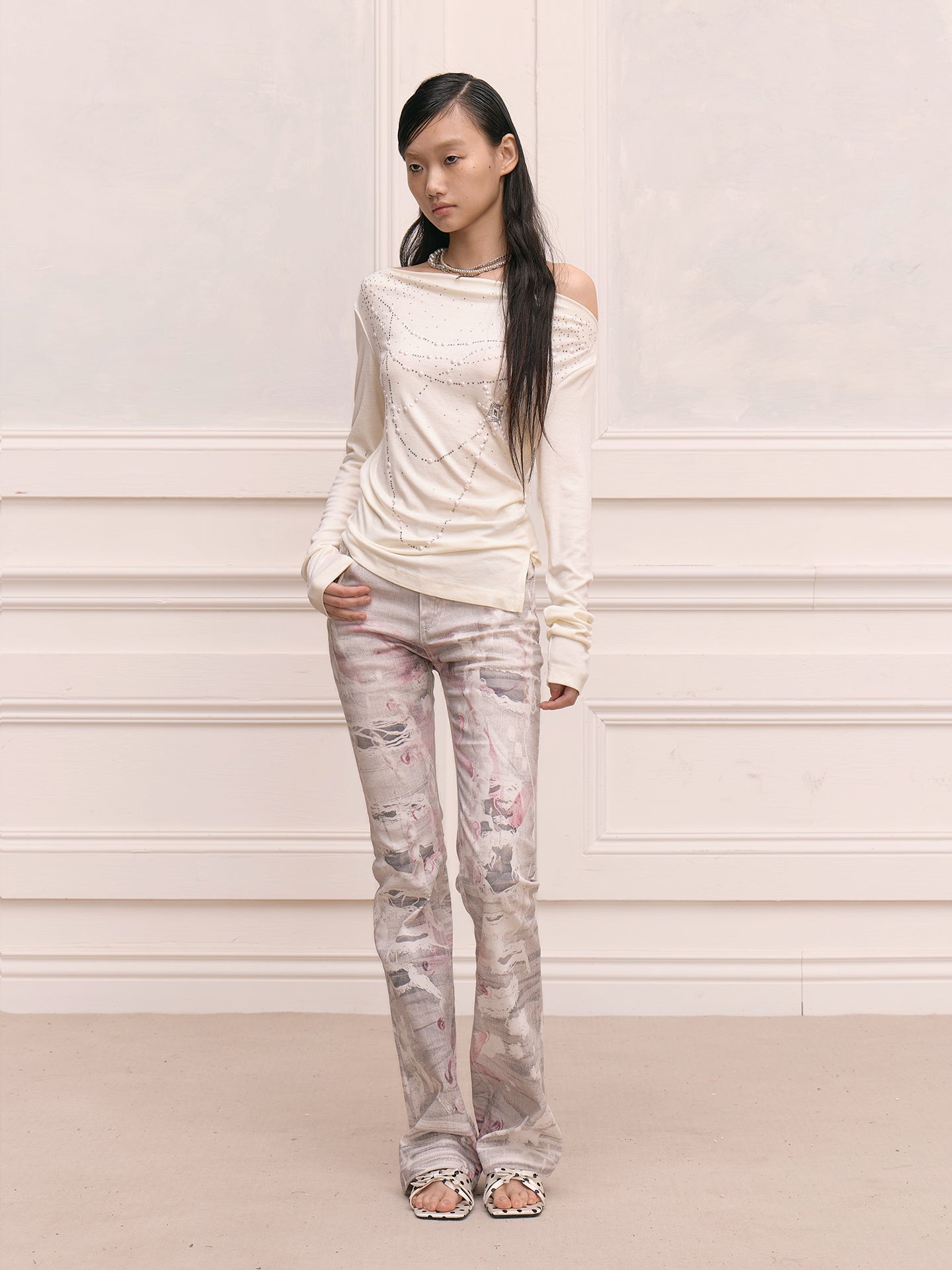 FAYCHUI Distressed Pearl Full-Printed Slim Flared Pants